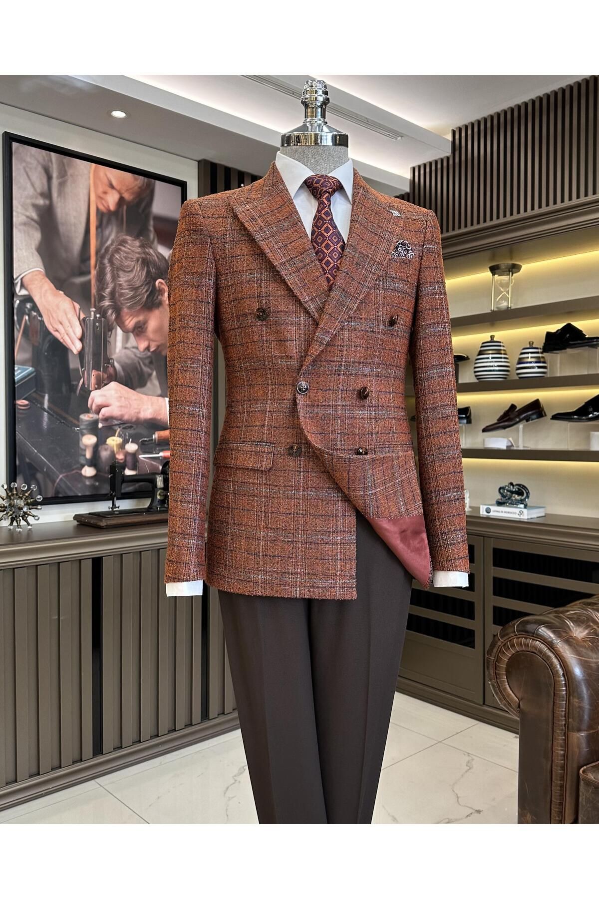 TerziAdemAltun İtalyan stil slim fit ekose kruvaze erkek ceket kiremit T10946