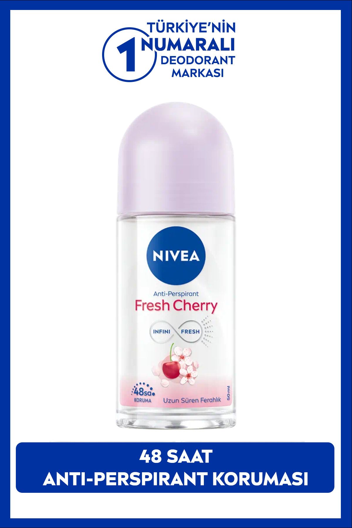 NIVEA Kadın Roll-on Deodorant Fresh Cherry 50ml, Gün Boyu Ferahlık, Kiraz Kokusu, 48 Saat Ter Koruması