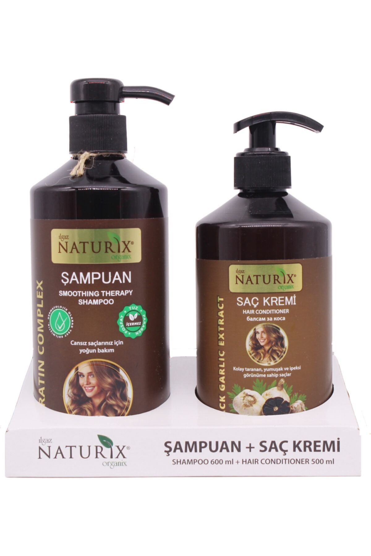 Ilgaz Naturix Organix 2'li 600 Ml Doğal Keratin Bakım Şampuan Natural Şampuan 500 Ml Siyah Sarımsak Saç Kremi