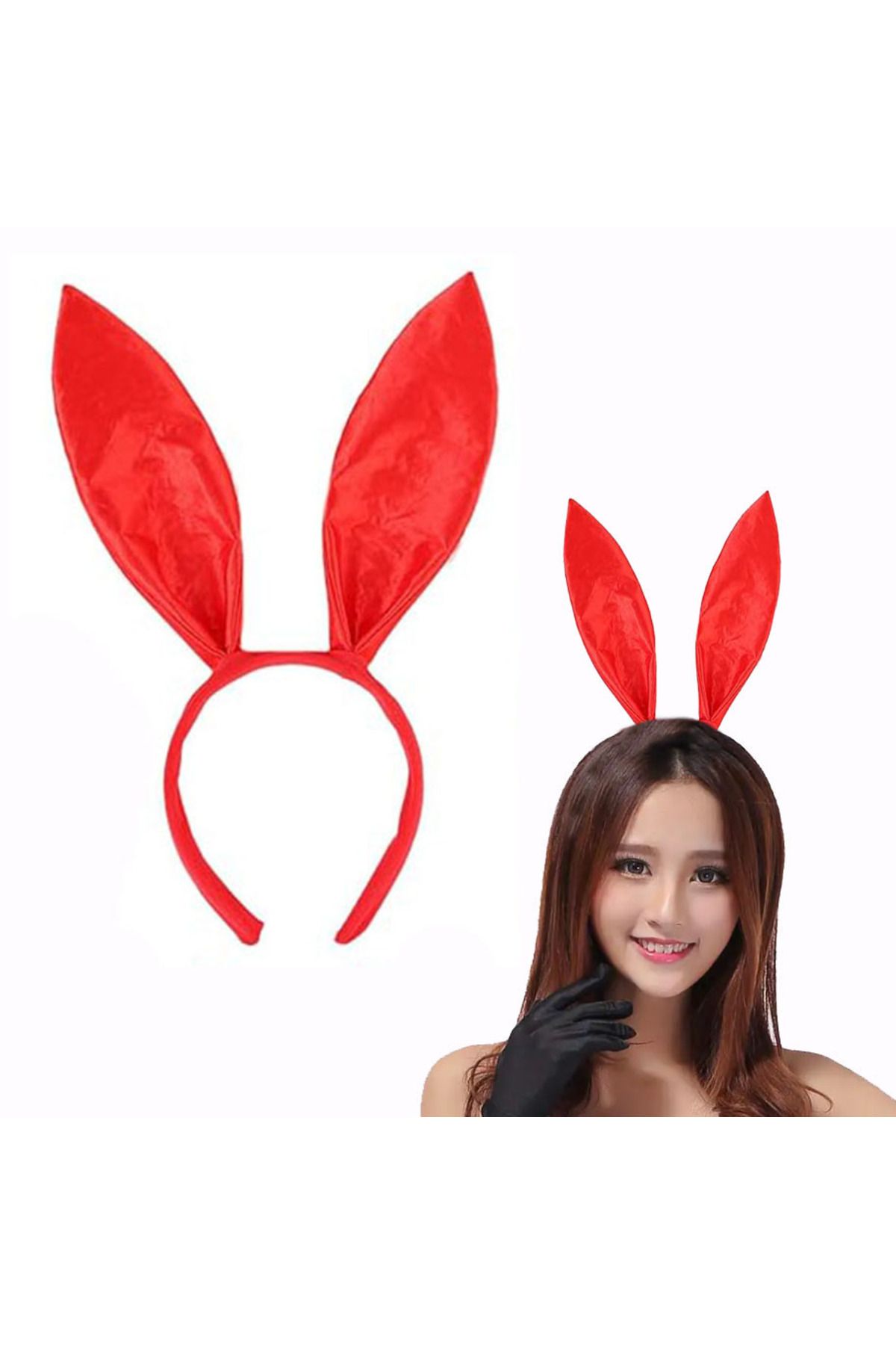 Genel Markalar Kırmızı Renk Saten Kaplama Şekil Verilebilir Tavşan Kulak Taç 35x11 cm (Lisinya)