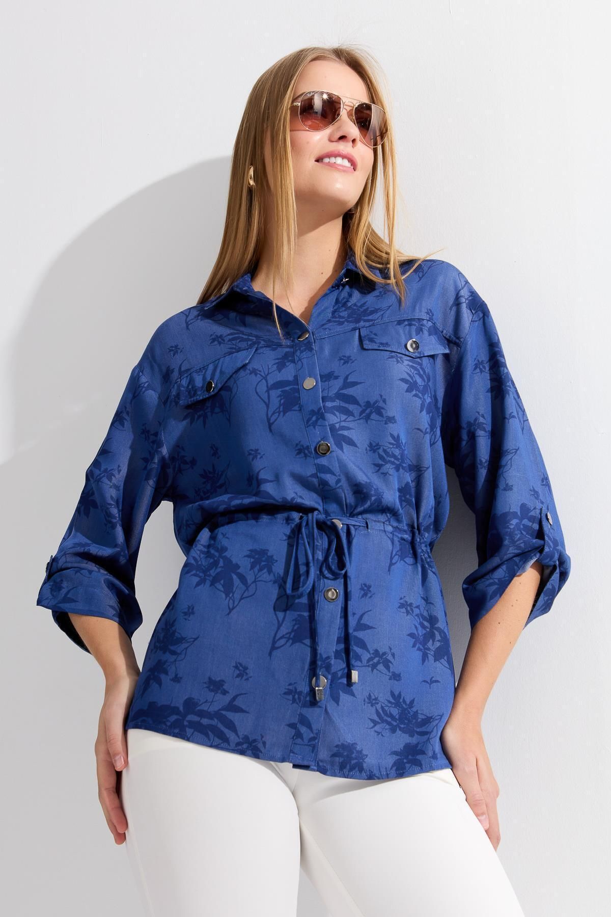 Desen Triko Kadın Beli Bağcıklı Yaprak Desenli Gömlek K.Mavi