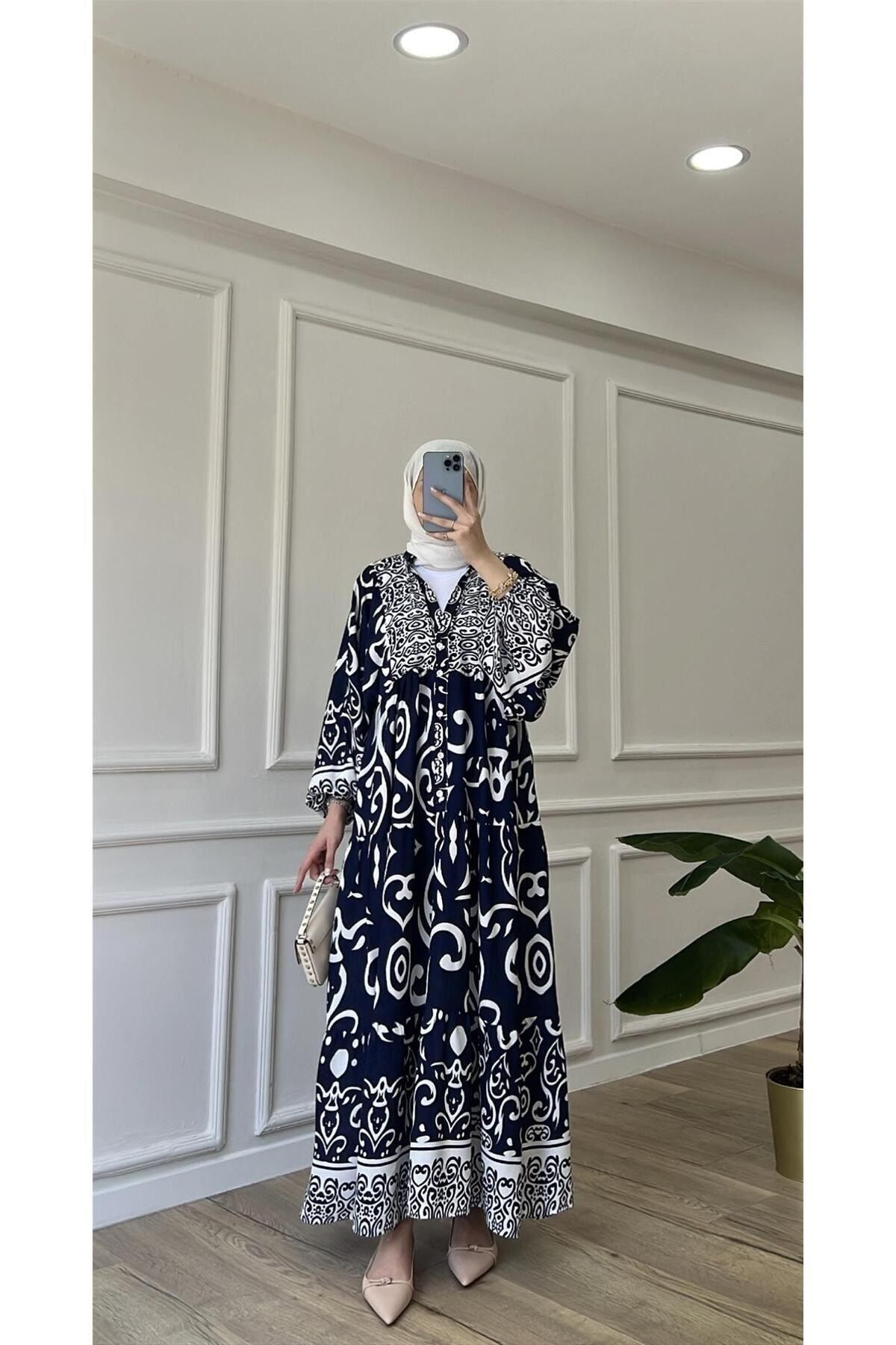 Tebessüm Life Lacivert Premium Kumaş Desenli Viskon Elbise