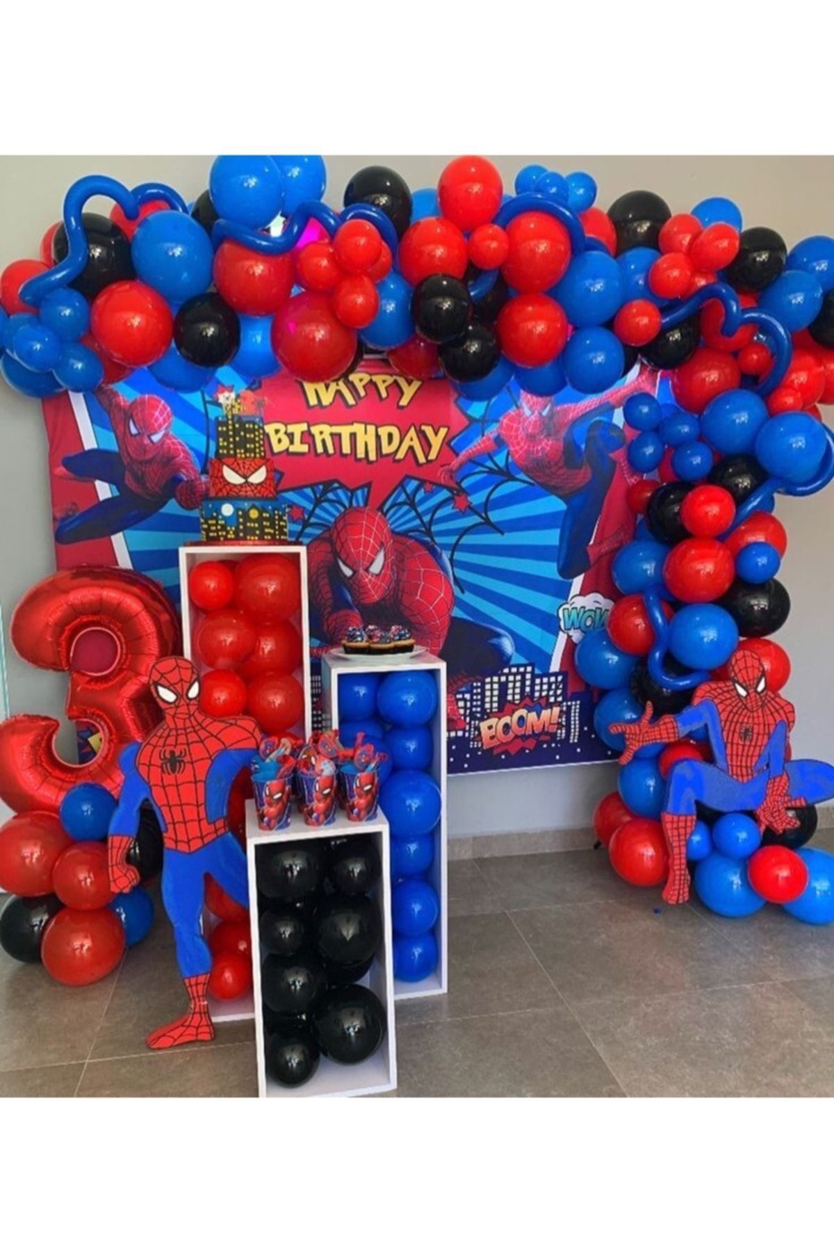 BalonEvi 80 Adet Kirmizi Siyah Lacivert Balon+5metre Zincir Örümcek Adam Spiderman
