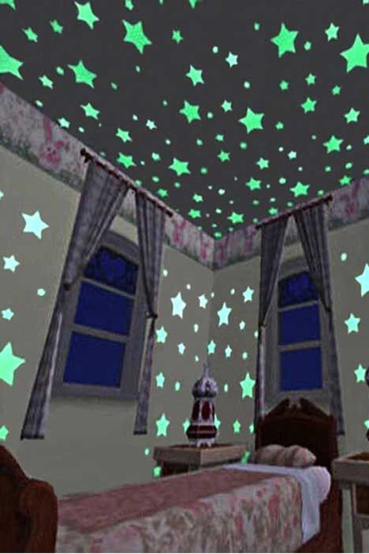 Bundera 100 Adet Fosforlu Yıldız Ay Gökyüzü Gezegen Karanlıkta Parlayan Çocuk Odası Duvar Tavan Süsü Sticker