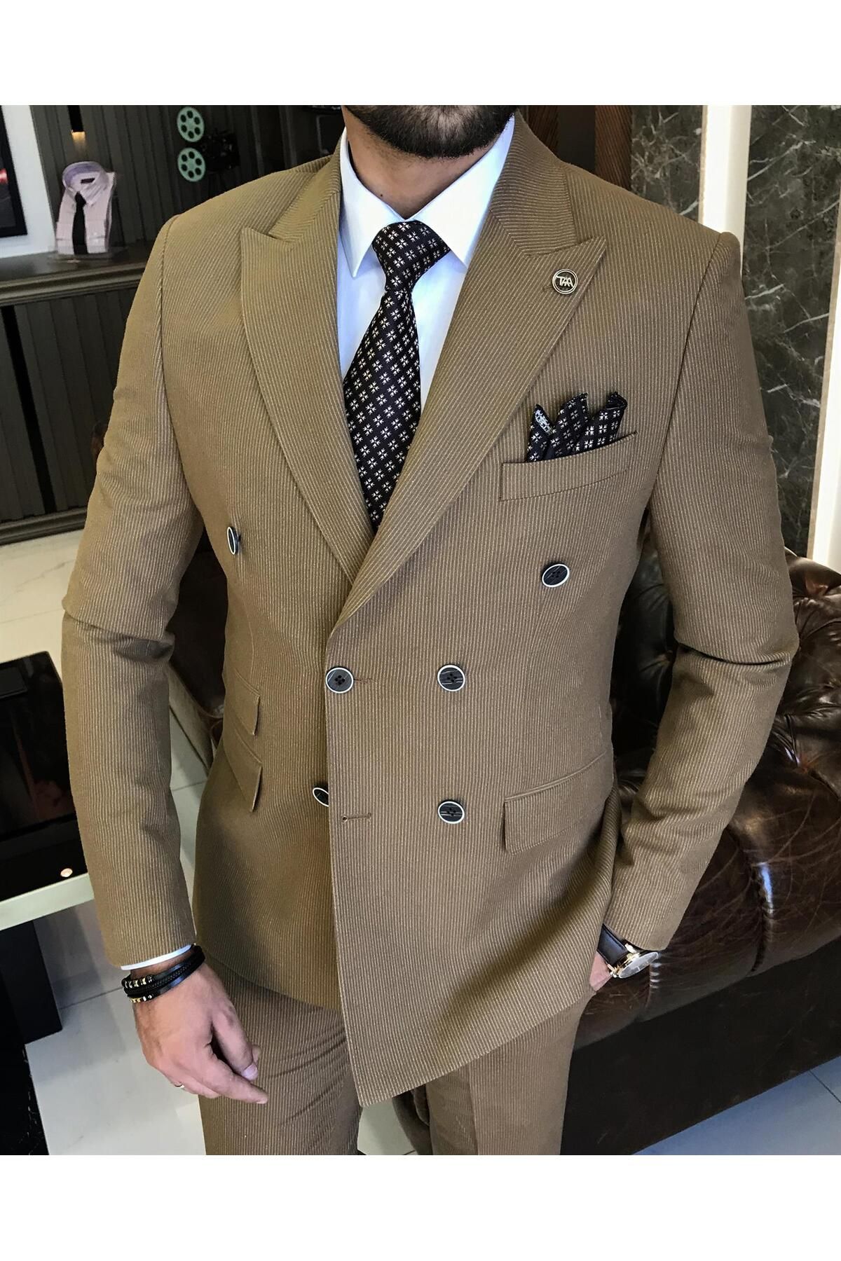 TerziAdemAltun İtalyan stil slim fit yün karışımlı çizgili kruvaze ceket pantolon takım elbise camel T9886