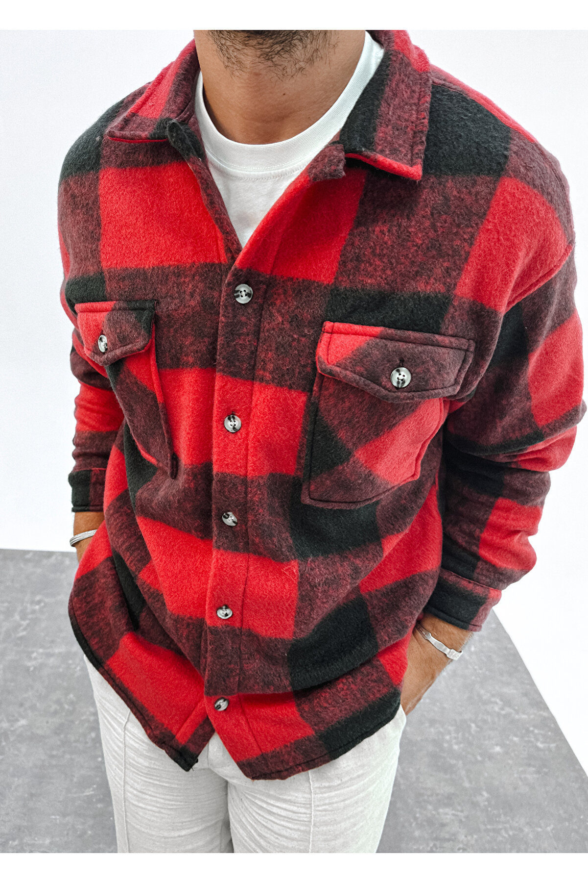 King Brothers Kırmızı Polar Oduncu Gömlek Unisex Desenli Oversize