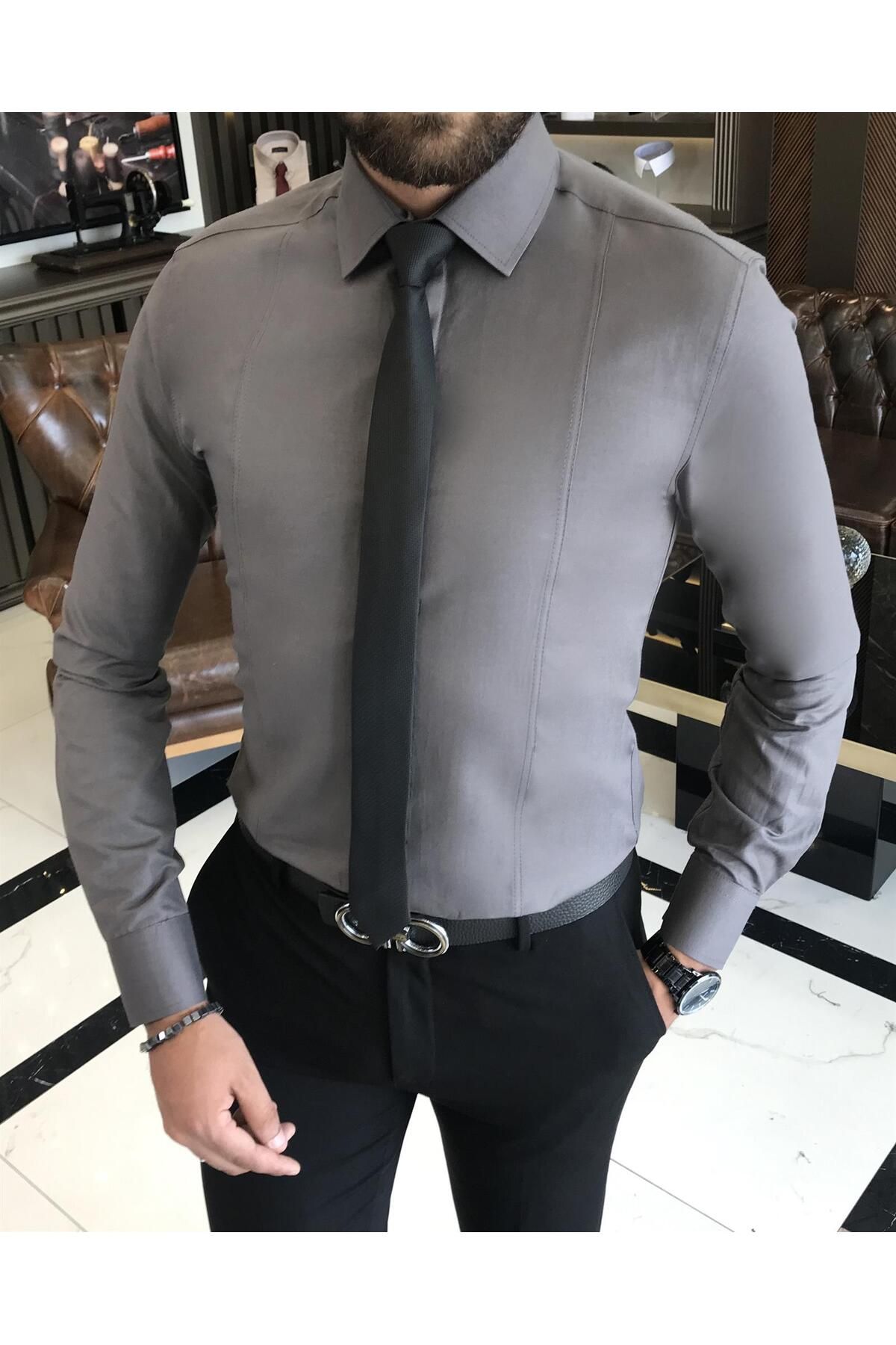TerziAdemAltun İtalyan stil slim fit erkek kravat yaka gömlek Gri T8739