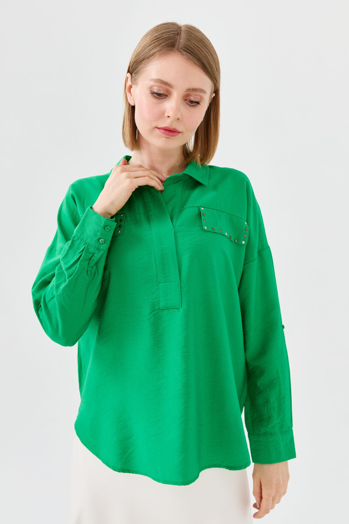 Desen Triko Kadın Polo Yaka Cepli Bluz Yeşil