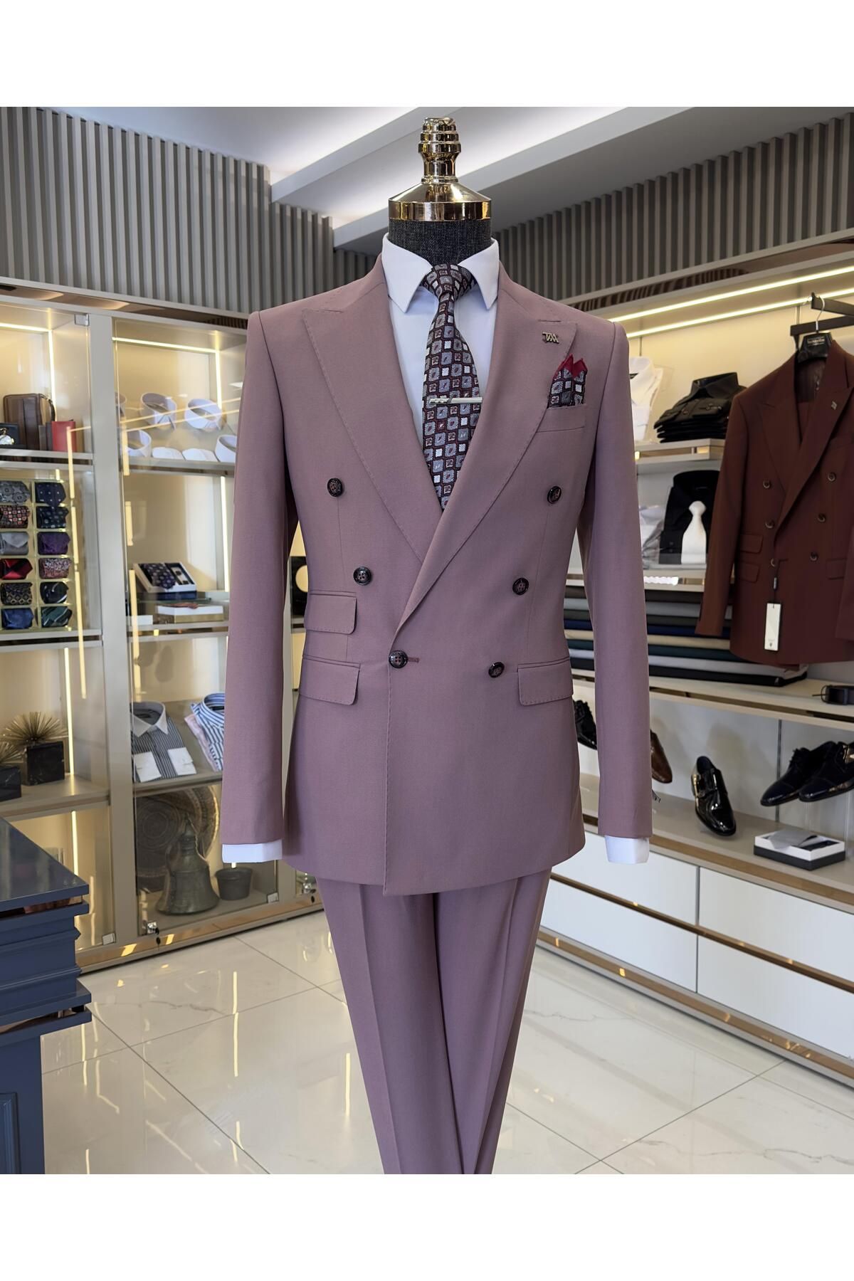 TerziAdemAltun İtalyan stil kruvaze ceket pantolon erkek takım elbise pembe T11091