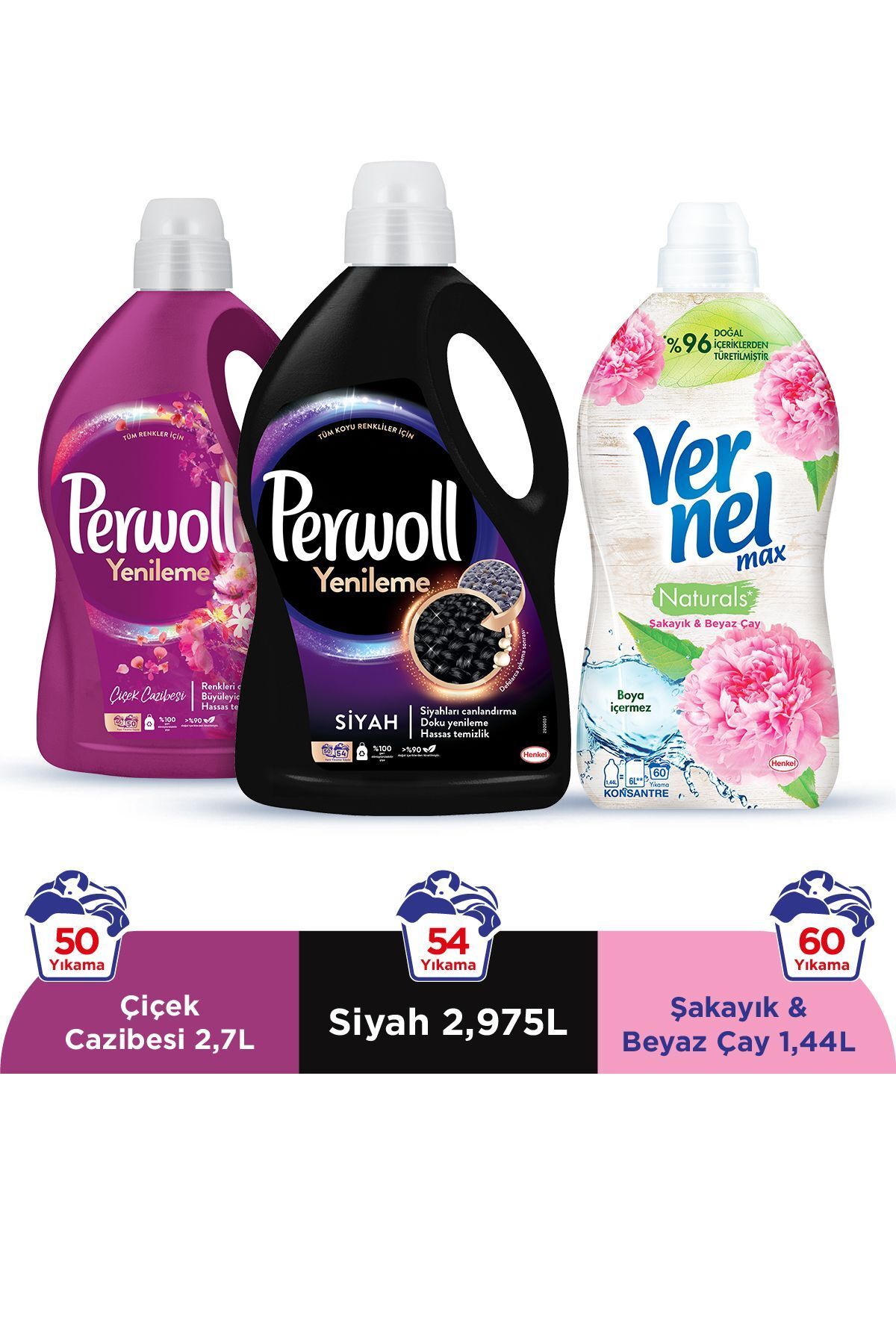 Perwoll Hassas Sıvı Çamaşır Deterjanı (104 Yıkama) 2,97L Siyah + 2,7L Çiçek Cazibesi + Vernel 1440ml Şakayık