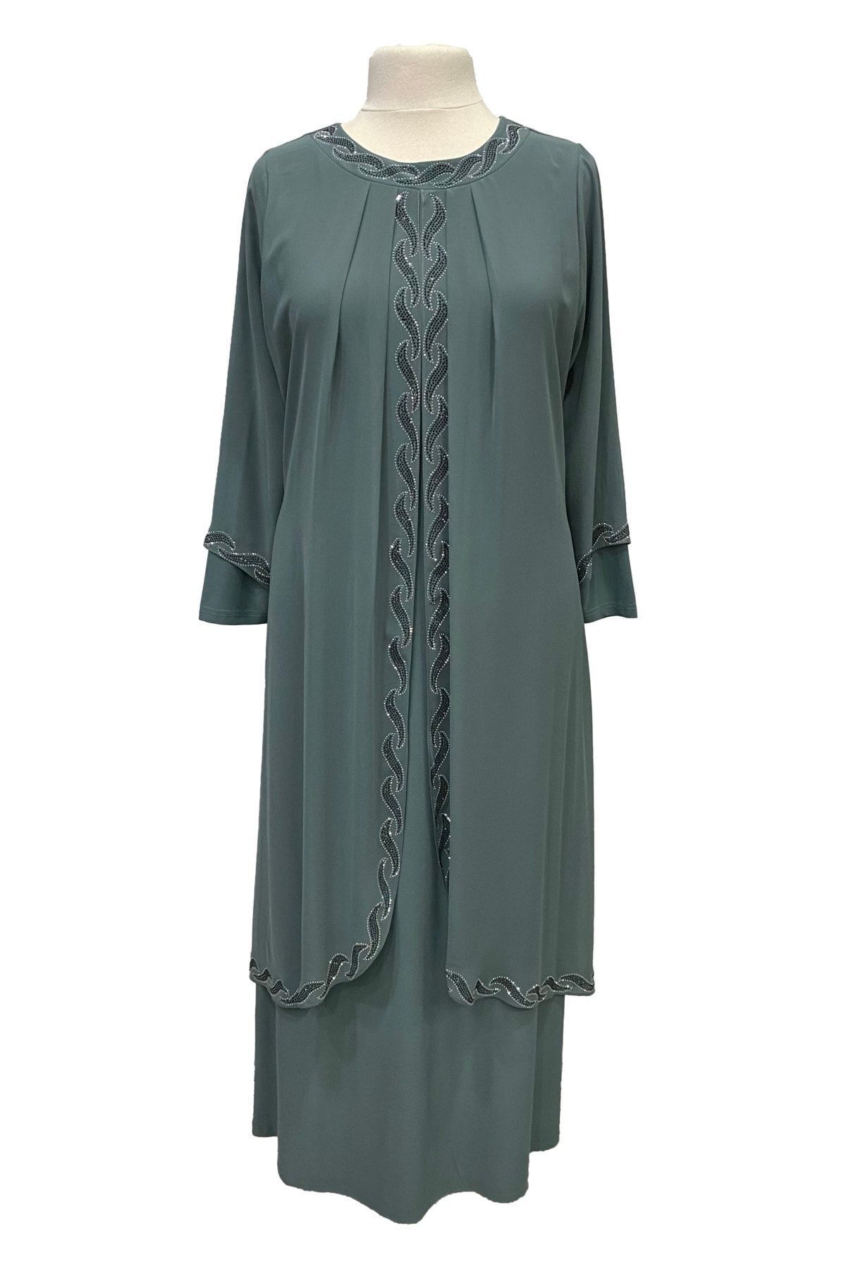 Giyinen Mağazaları Çağla Yeşil Saadet Şık Taş Işlemeli Büyük Beden Anne Abiye Elbise
