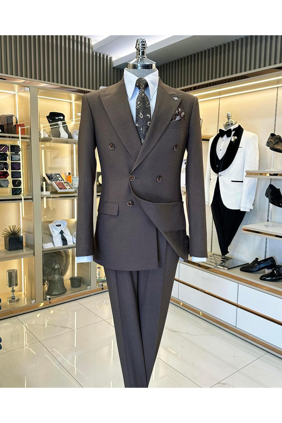 TerziAdemAltun İtalyan stil slim fit kruvaze ceket pantolon takım elbise kahverengi T11361