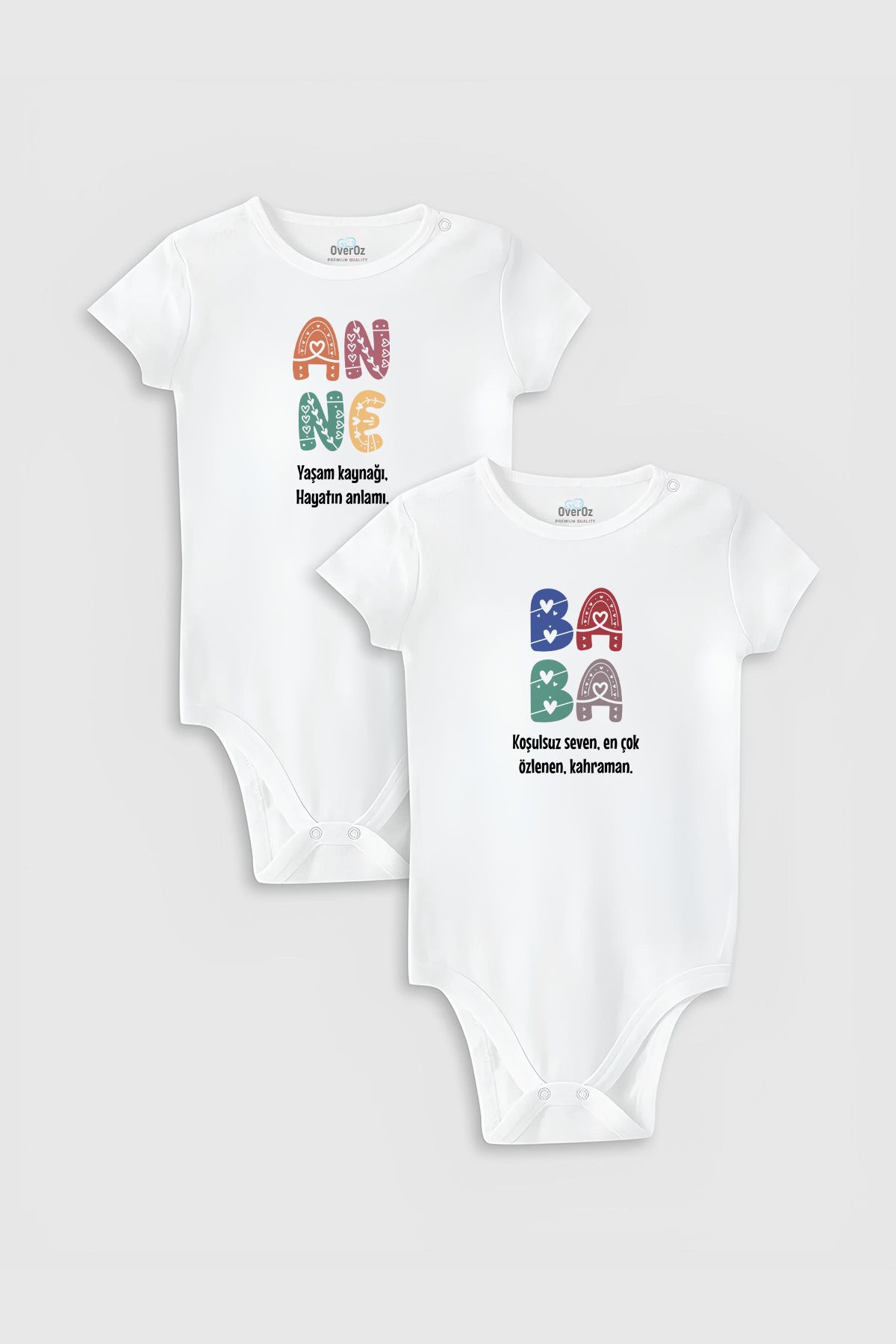 Overoz Özel Tasarım Anne Baba-2 Ikili Bebek Body Beyaz Badi Zıbın 5179-5180