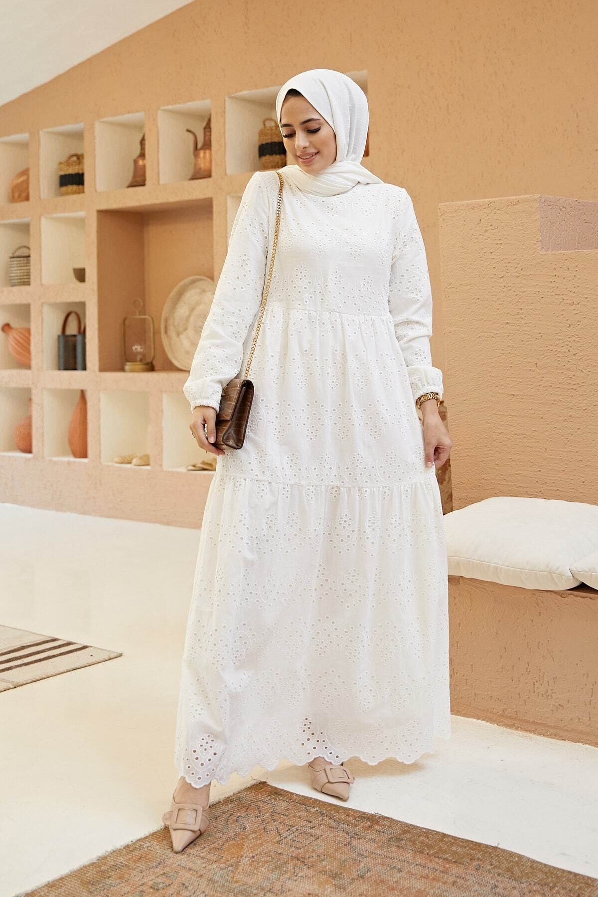 She Olive Güpürlü Boydan Astarlı Tesettür Elbise- Beyaz