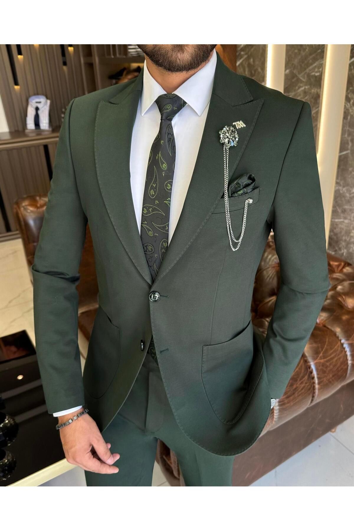 TerziAdemAltun İtalyan stil slim fit ceket pantolon takım elbise yeşil T9688