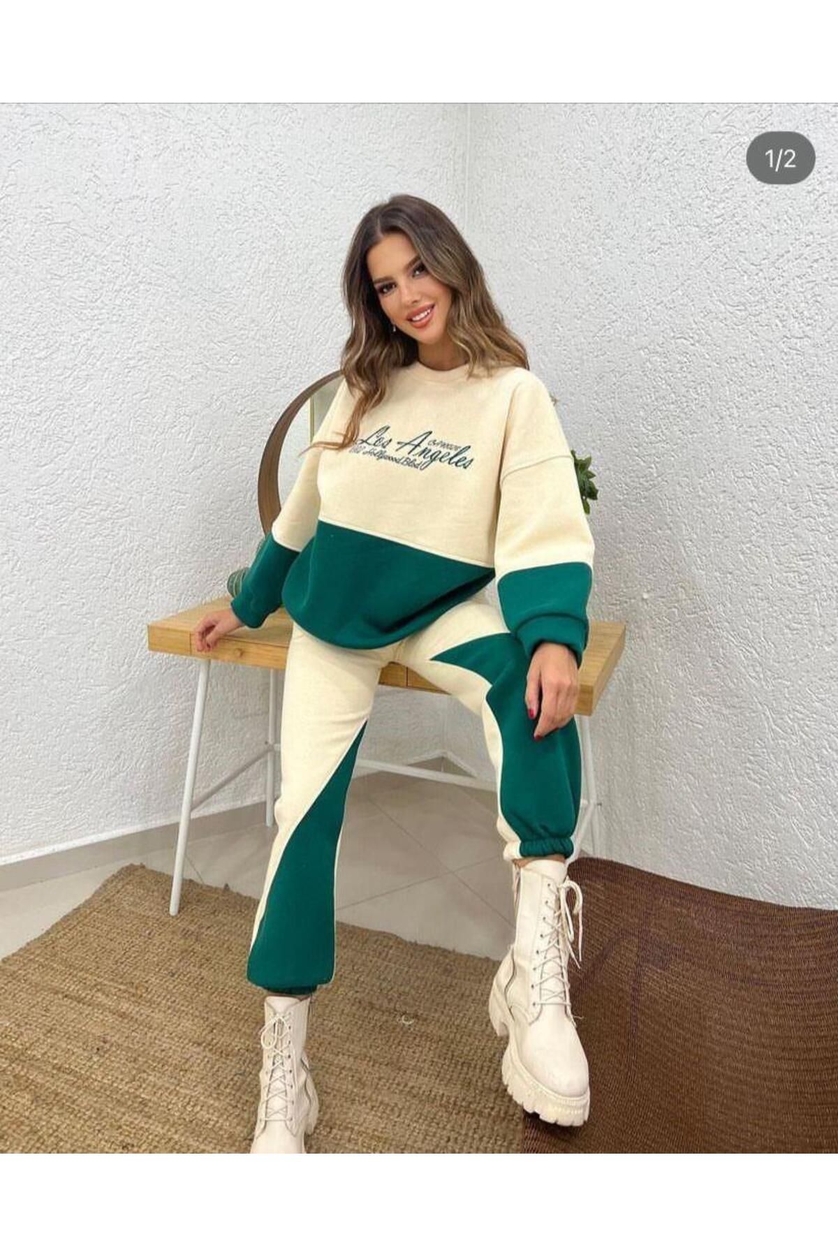 Tena Kadın Bej-Benetton Üç İplik Los Angeles Nakışlı Sweatshirt Eşofman Takım