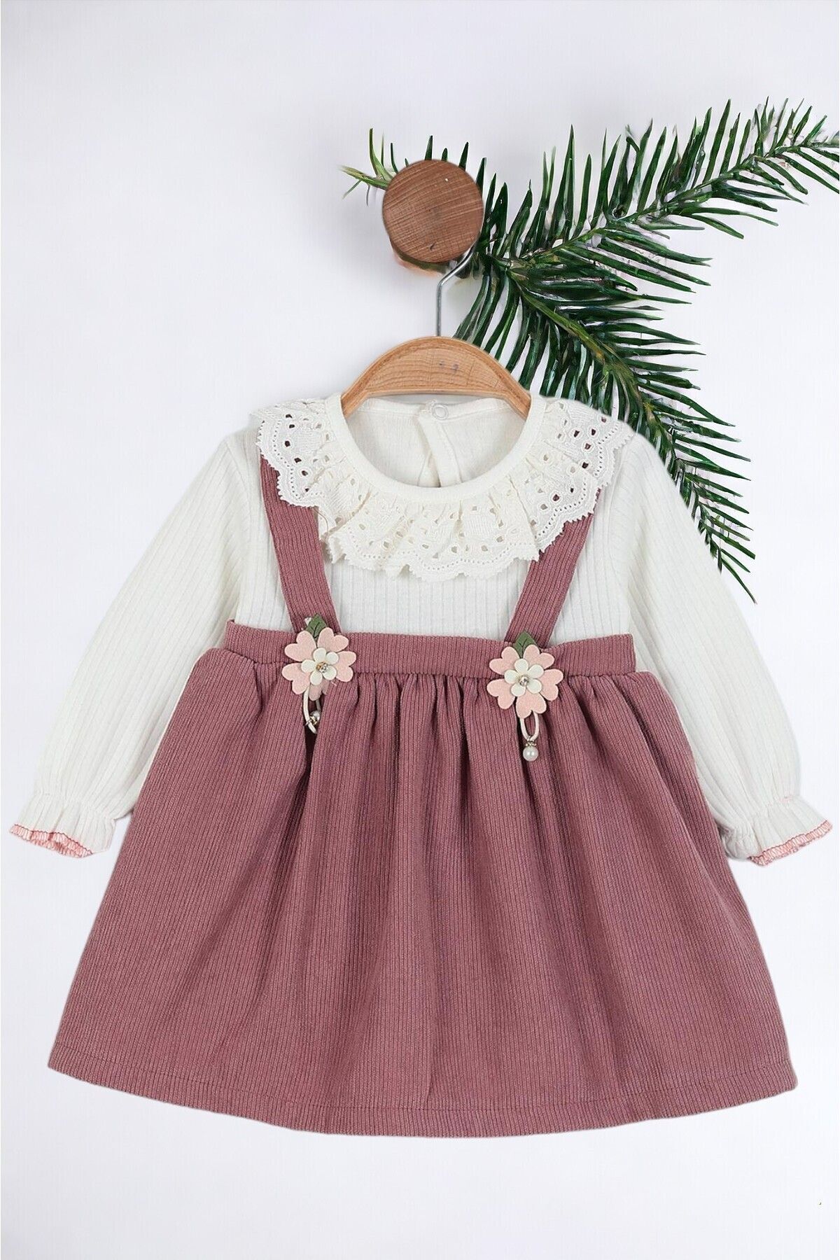 Ege Bebek Kız Bebek Vintage Dantel Yakalı Salopet Fitilli Elbise