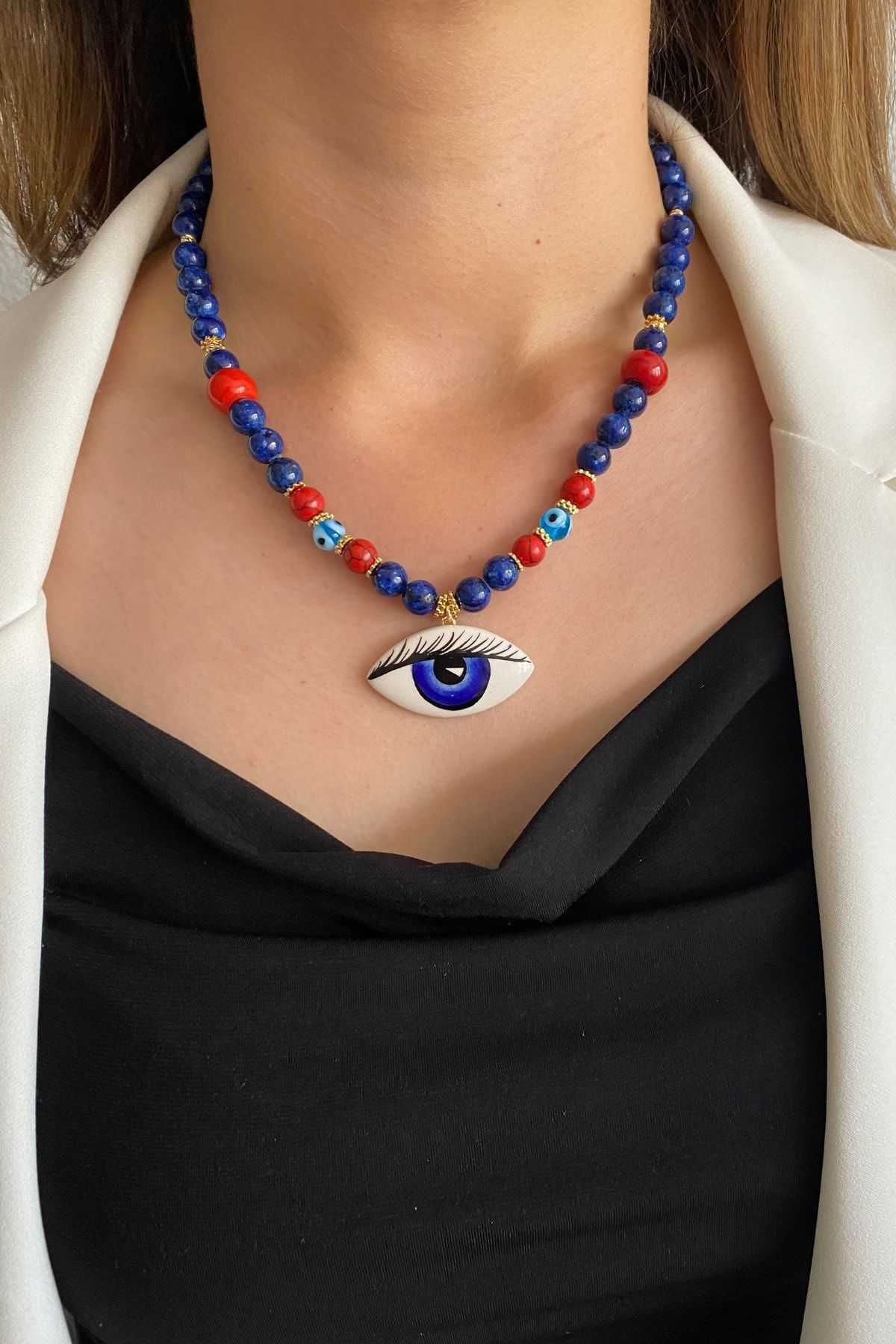 Suerte Accessories Lapis Lazuli Ve Mercan Doğal Taş El Işi Seramik Evil Eye Göz Nazar Uçlu El Yapımı Özel Tasarım Kolye