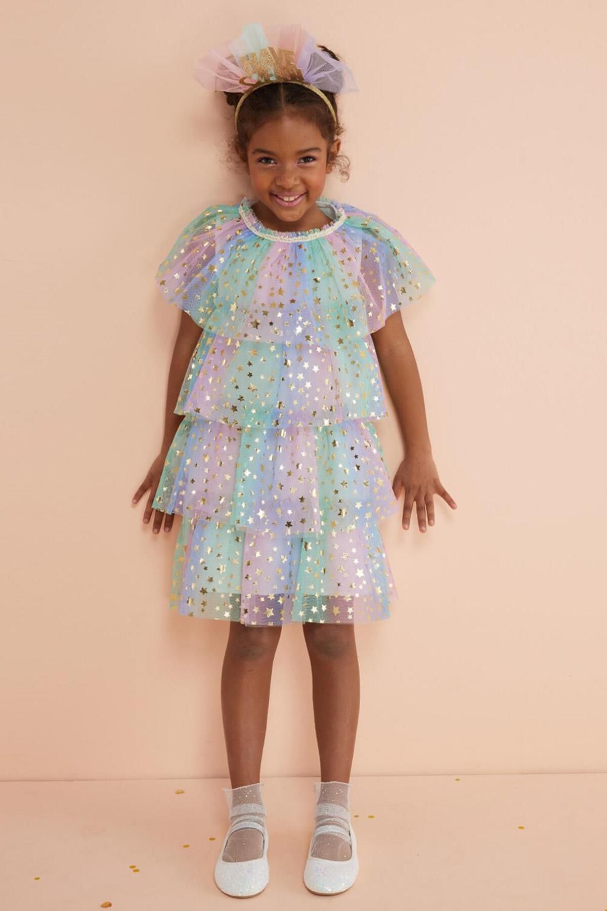 Le Mabelle Çok Renkli Yıldız Baskılı Katlı Tül Kız Çocuk Elbise - Estela