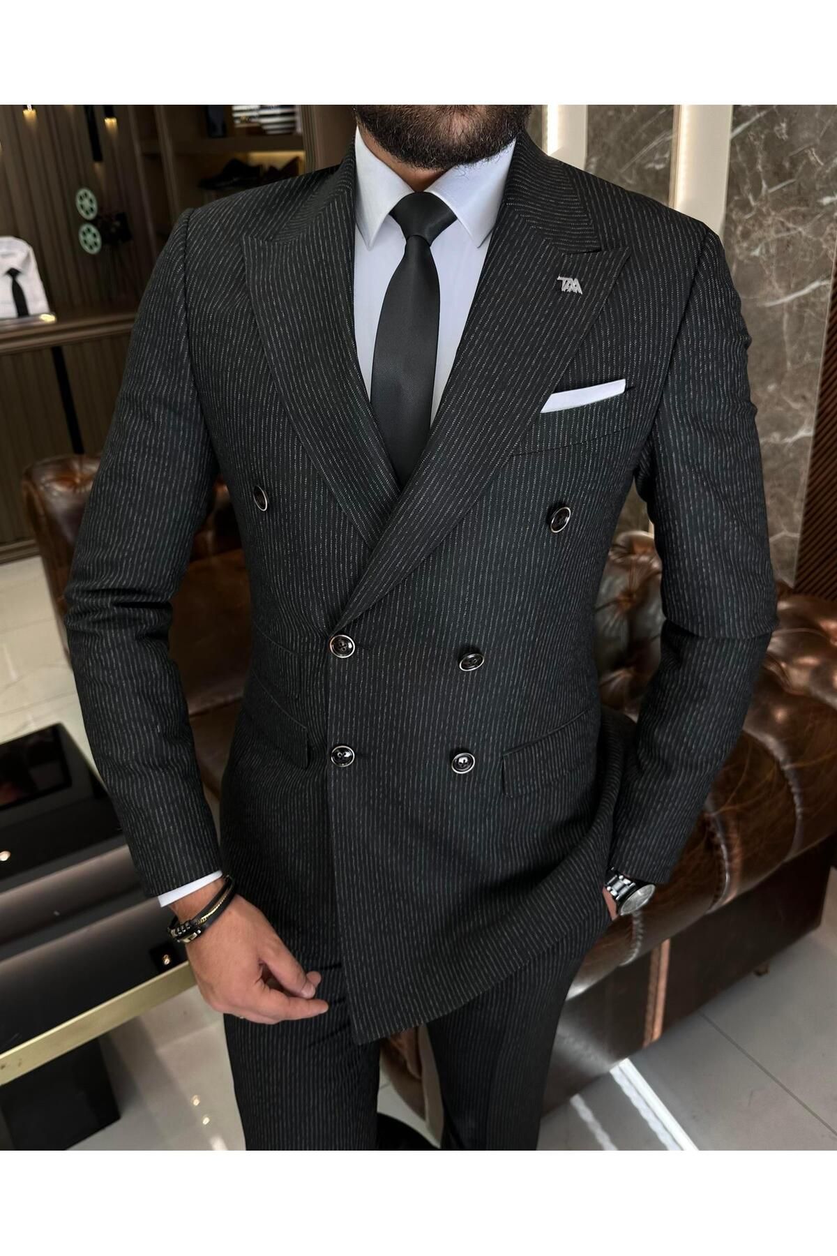TerziAdemAltun İtalyan stil slim fit çizgili ceket pantolon takım elbise siyah T9946