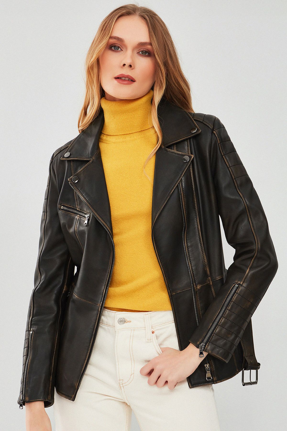 Derimod Mayfair Kadın Kahverengi Vintage Uzun Biker Deri Ceket