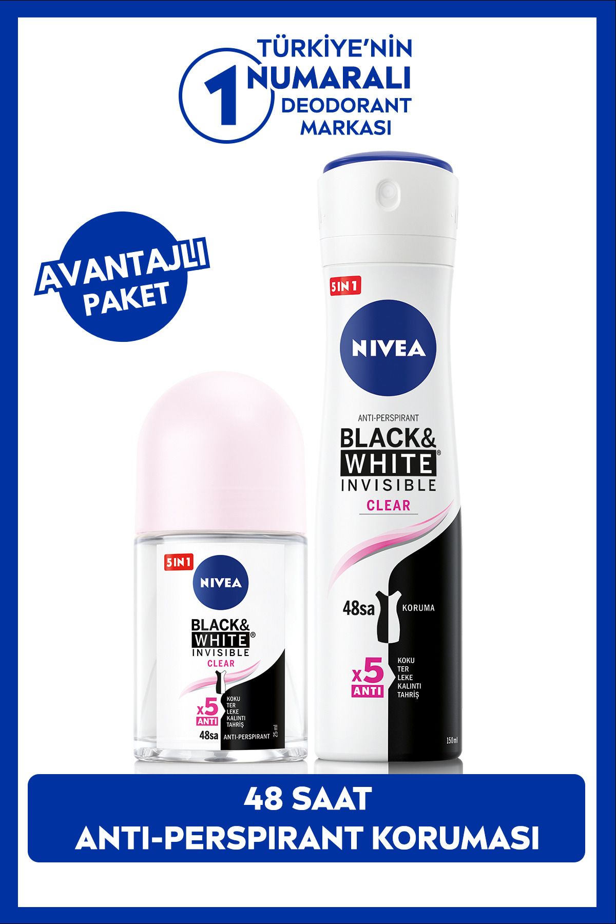 NIVEA Kadın Sprey Deodorant Black&white Clear 150ml Ve Mini Roll-on 25ml, Anti-perspirant, Avantajlı Paket