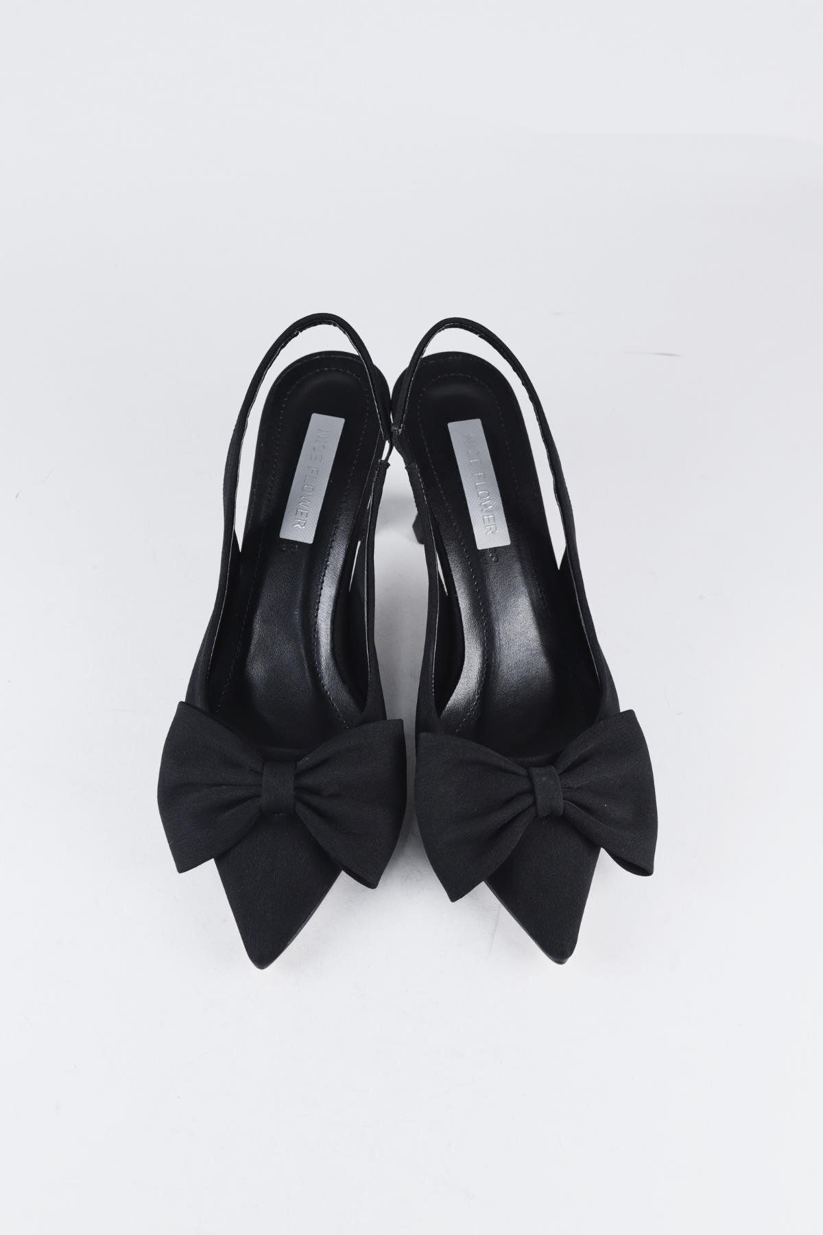 NiceDiffer Kadın Fiyonk  Detaylı Siyah Kumaş Topuklu Ayakkabı