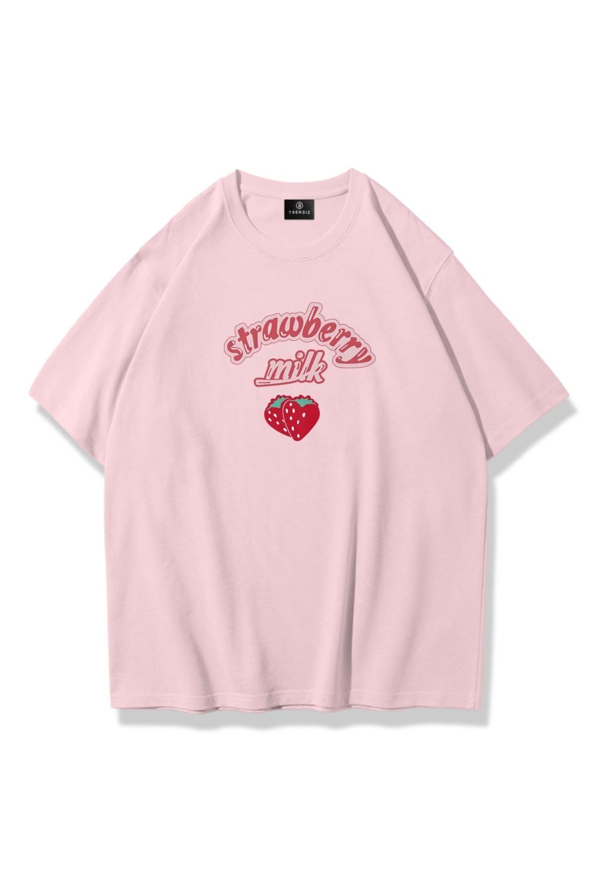 Trendiz Unisex Strawberry Milk Tshirt Pembe