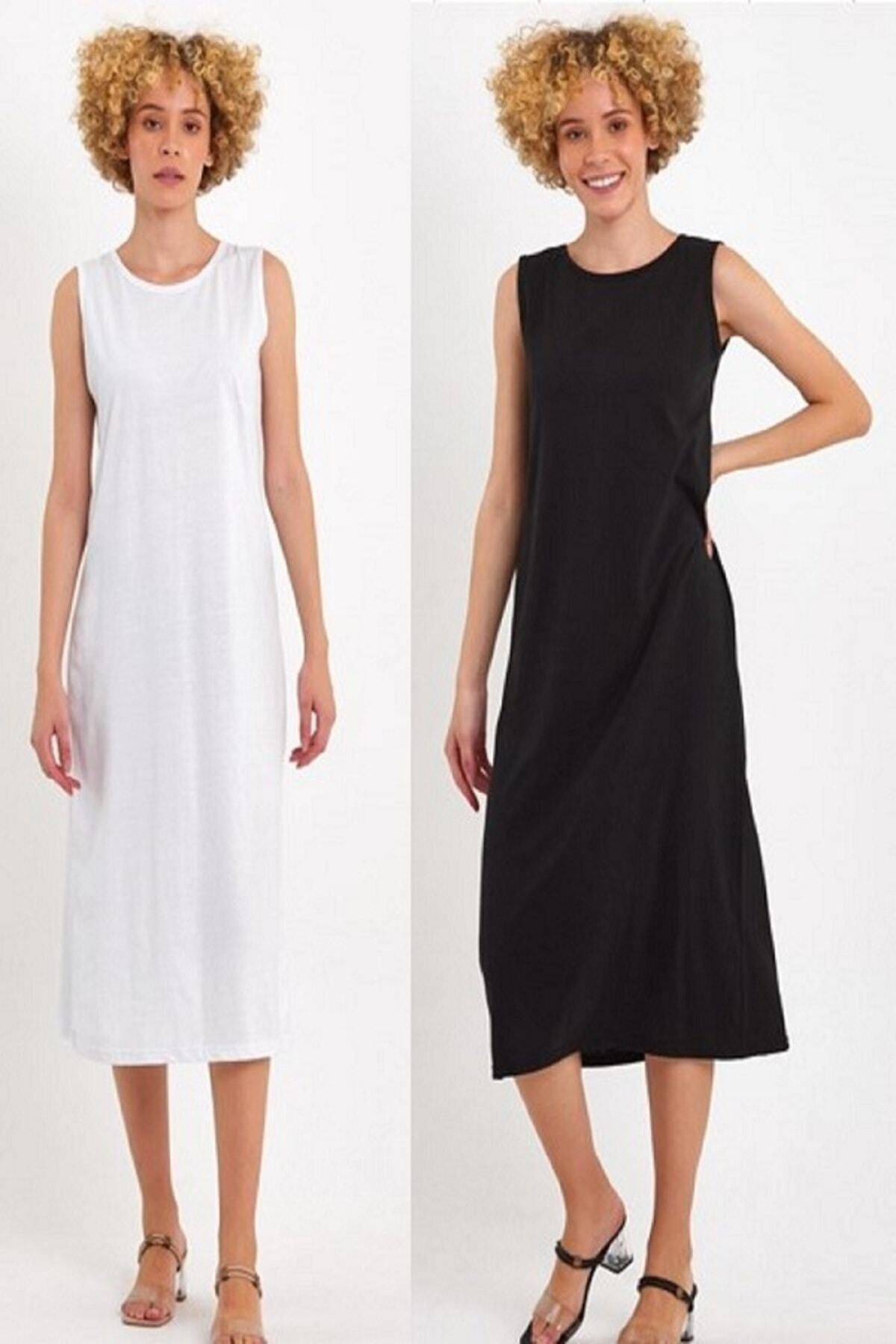 HUMA TEKSTİL Kolsuz Elbise Astarı Içlik Siyah Beyaz 2 Li Paket Jüpon Kombinezon