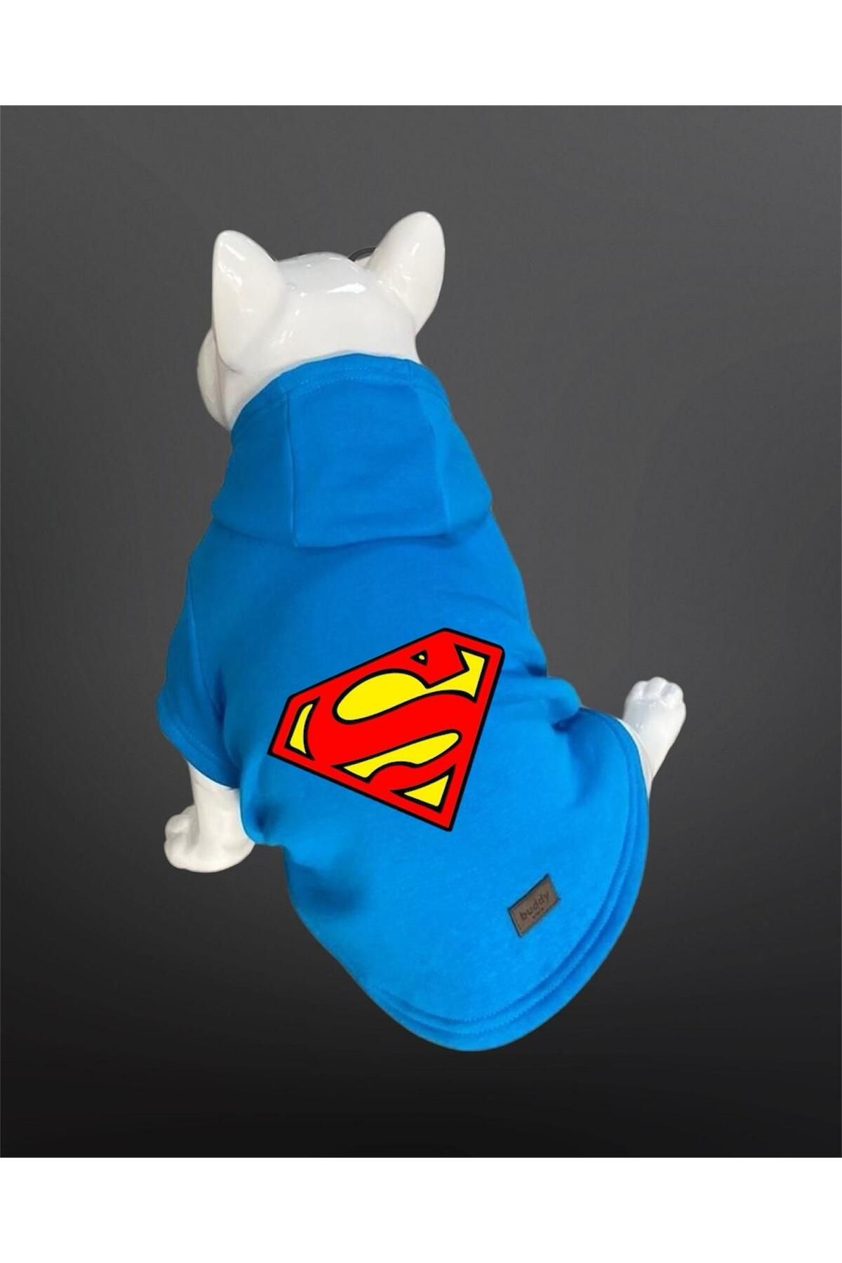 Buddy Store Kedi & Köpek Kıyafeti Sweatshirt - Süperman Baskılı Mavi Sweatshirt