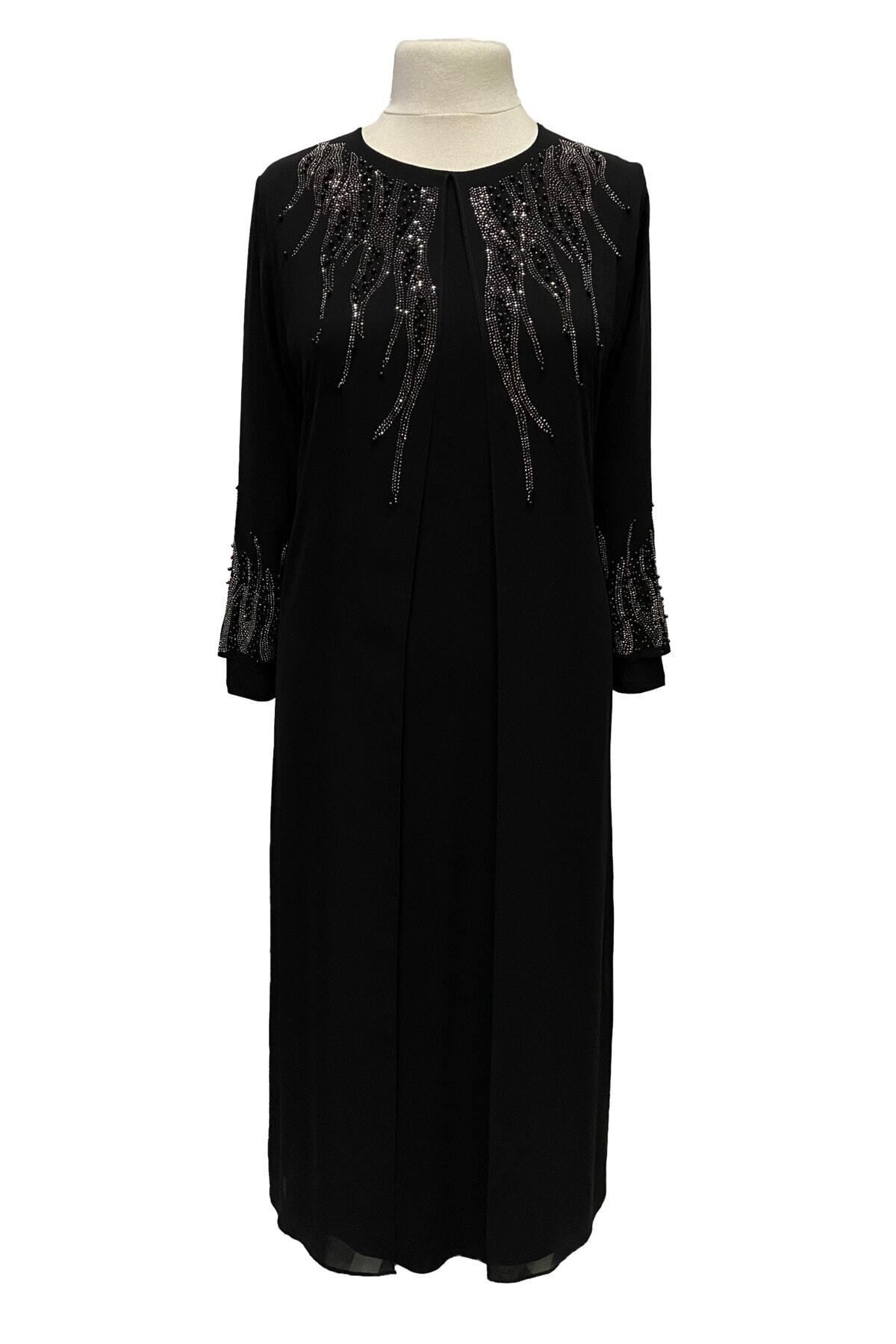 Genel Markalar Siyah Alya Büyük Beden Şık Taş İşlemeli Anne Abiye Elbise