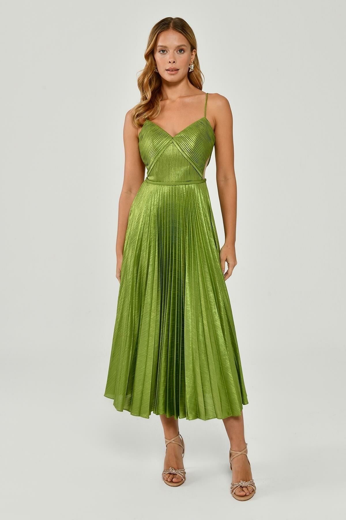 ALFABETA Kadın Ip Askılı Pliseli Parlak Kumaş Midi Fıstık Yeşili Abiye & Mezuniyet Elbisesi Ab6254-fıstık