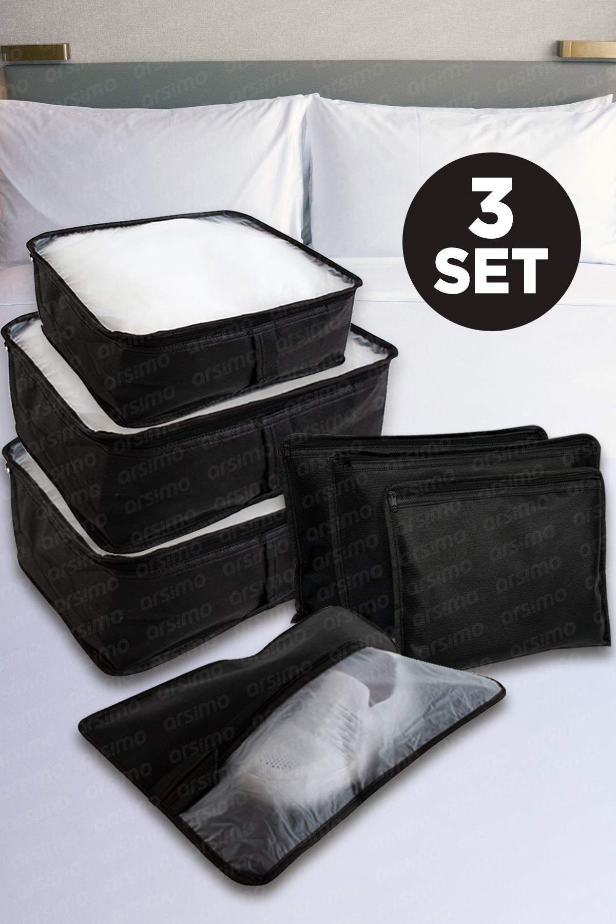 Arsimo Lüks 7 Parça Bavul Dolap Eşya Düzenleyici Pencereli Organizer Set Siyah ( 3 Adet )