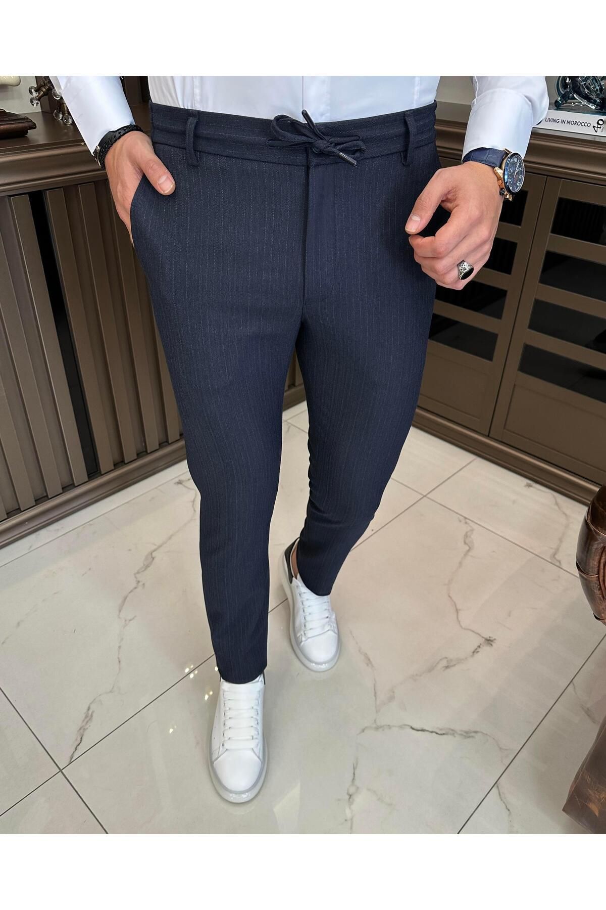 TerziAdemAltun İtalyan stil slim fit çizgili bel bağlamalı erkek pantolon lacivert T10694