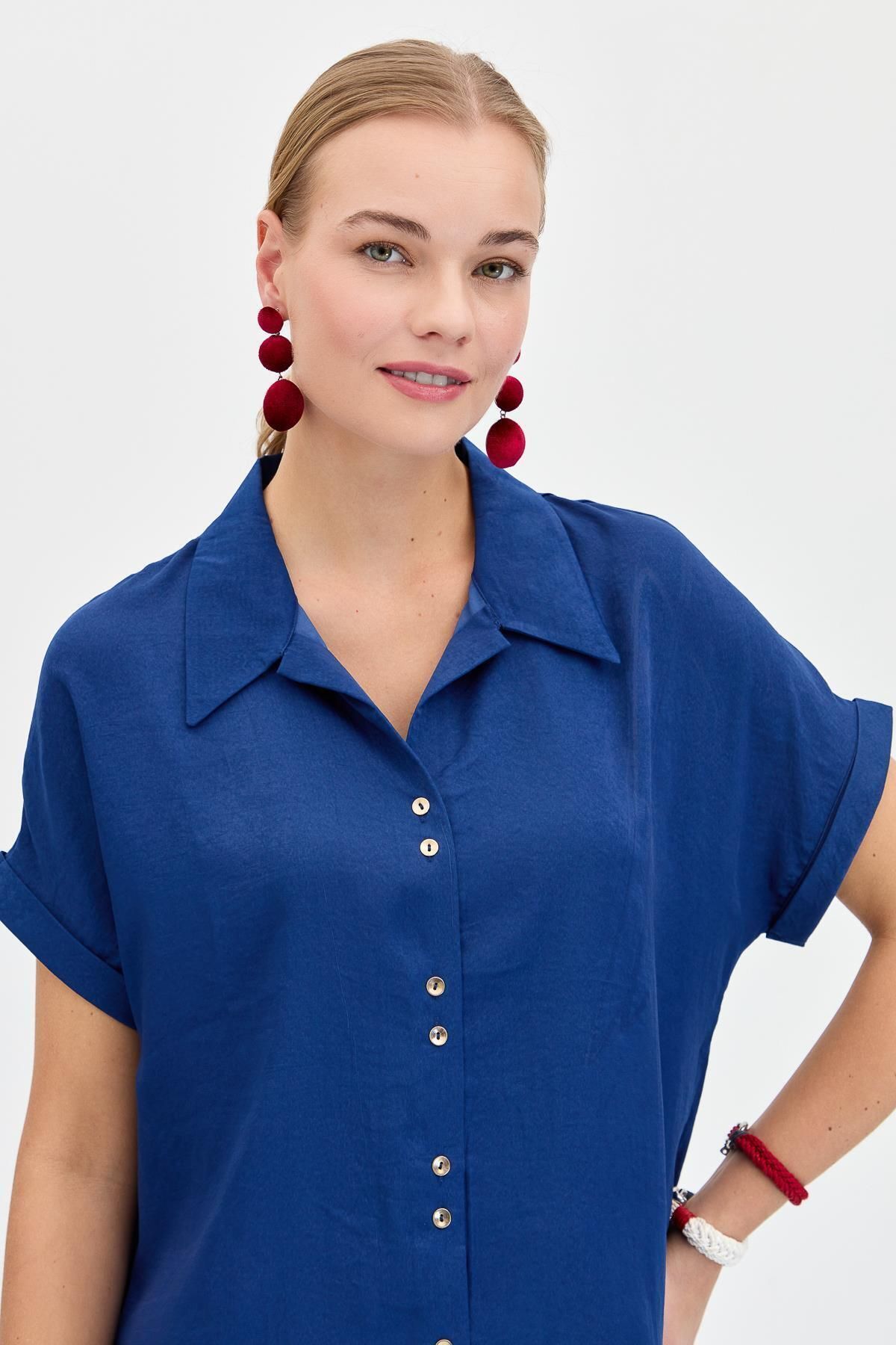 Desen Triko Kadın Düşük Kollu Saten Gömlek Mavi
