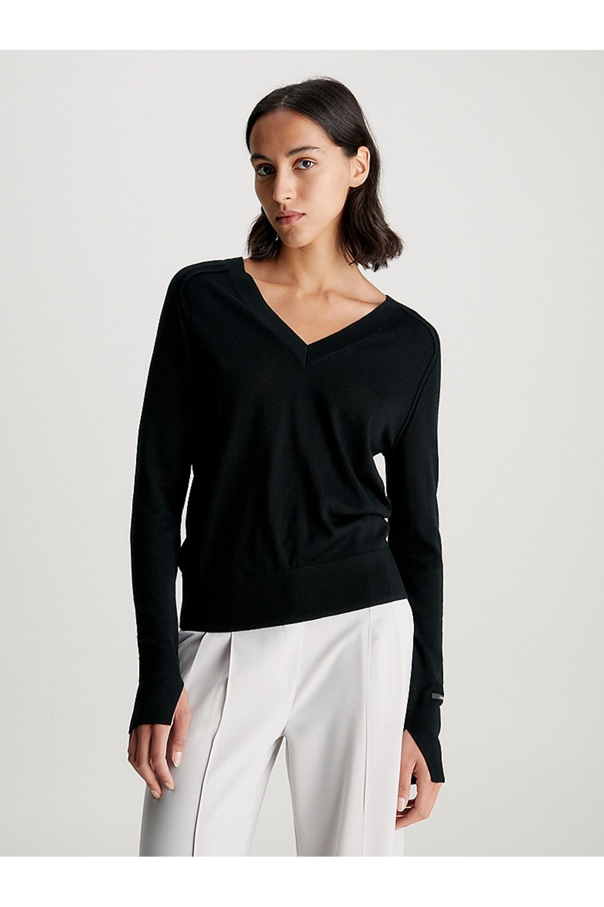 Calvin Klein Kadın Uzun kollu Günlük Kullanım Normal kesim Siyah Kazak K20K206793-BEH