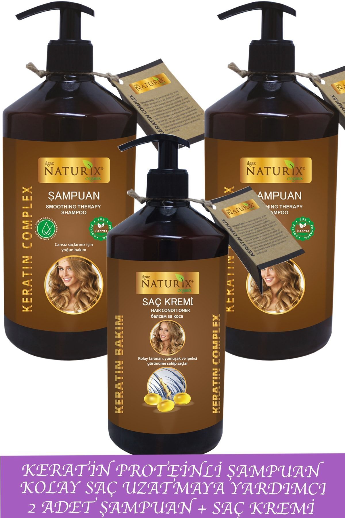 Ilgaz Naturix Organix Bitkisel Onarıcı Keratin Şampuan 2 Adet 600 Ml Keratin Şampuan + 500 Ml Keratin Saç Kremi