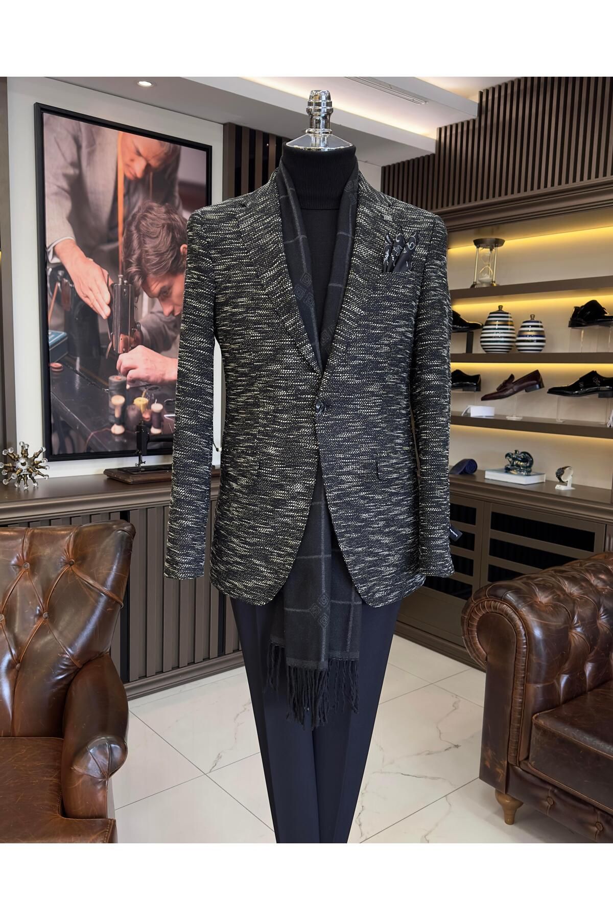 TerziAdemAltun İtalyan stil slim fit mono yaka erkek ceket siyah T10967