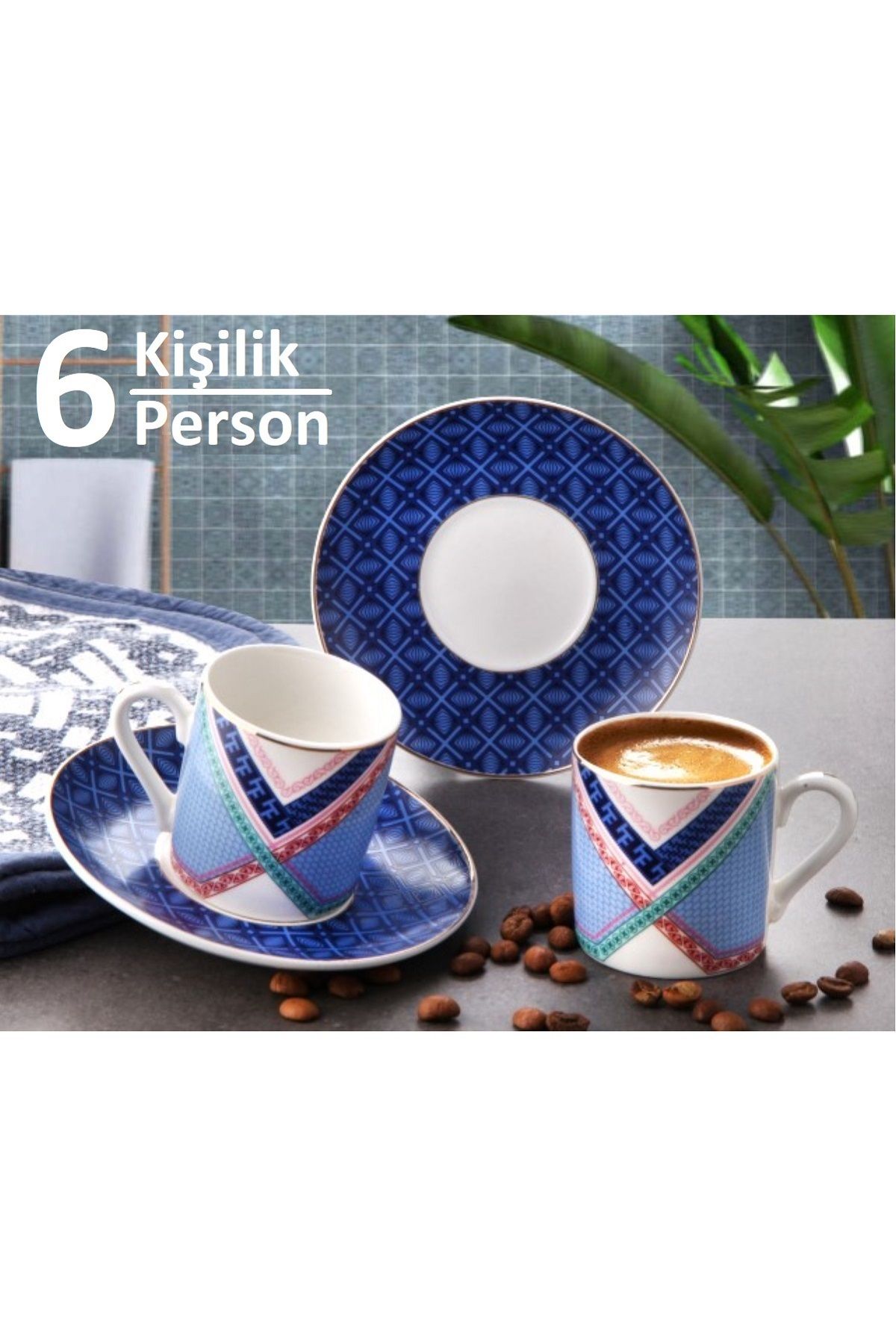 Pinkev 6 Kişilik Porselen Altın Yaldızlı Mavi Renk Desenli Kahve Fincanı Fincan Takımı Seti