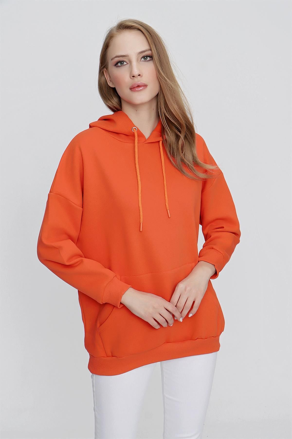 Tena Kadın Koyu Orange Üç Iplik Şardonlu Kanguru Cepli Kapüşonlu Sweatshirt