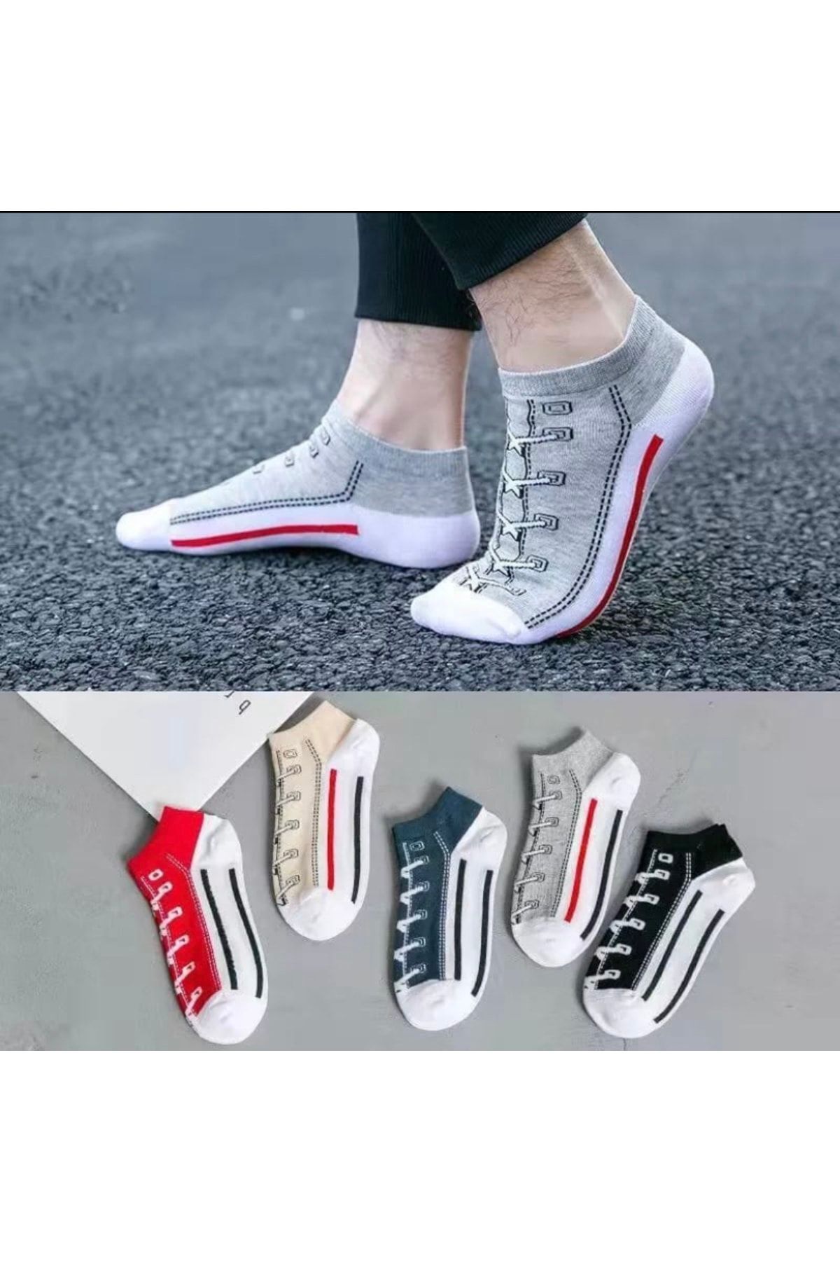 dm del more 5 Çift Unisex Renkli Yıkamalı Converse Model Patik Çorap Seti