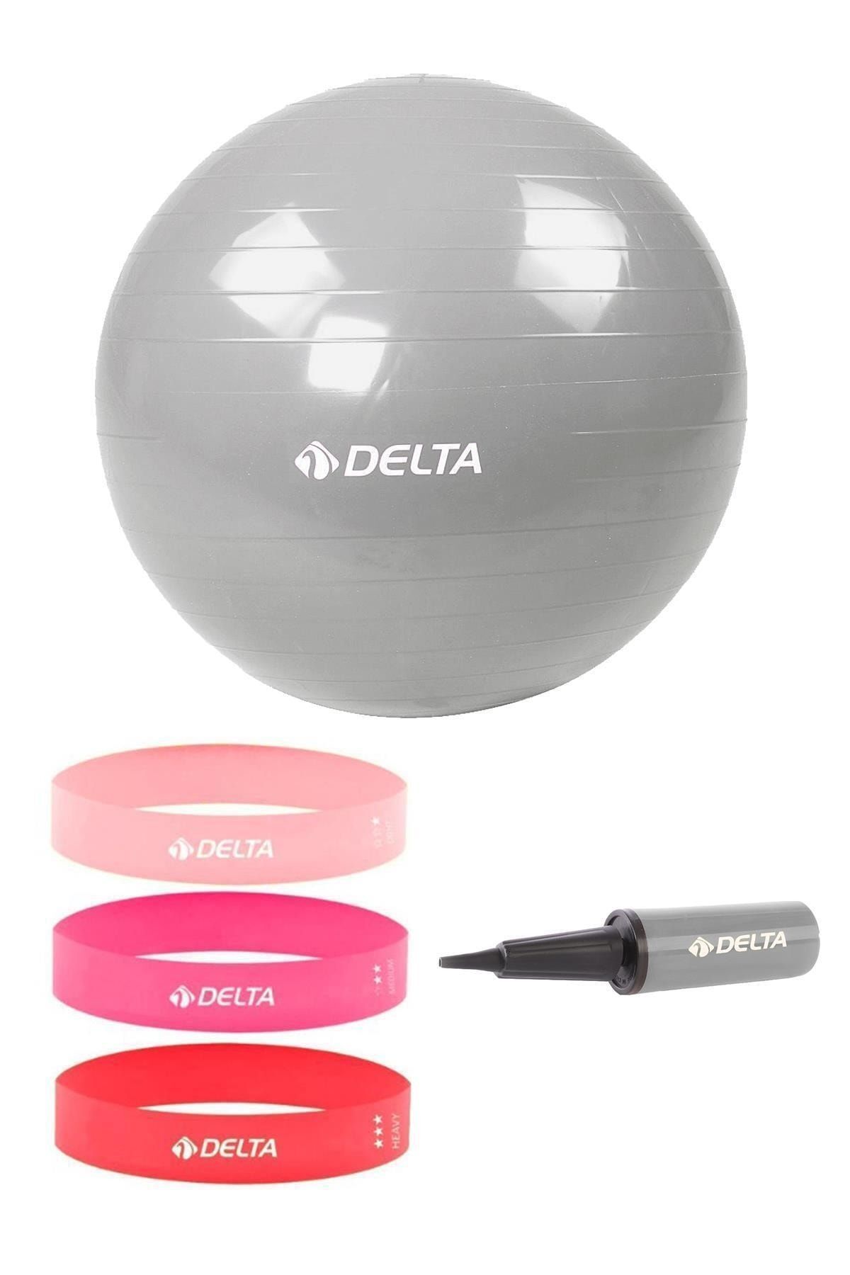 Delta 65 cm Pilates Topu 3'lü Squat Bandı Egzersiz Direnç Lastiği Pilates Topu Pompası 5'li Set