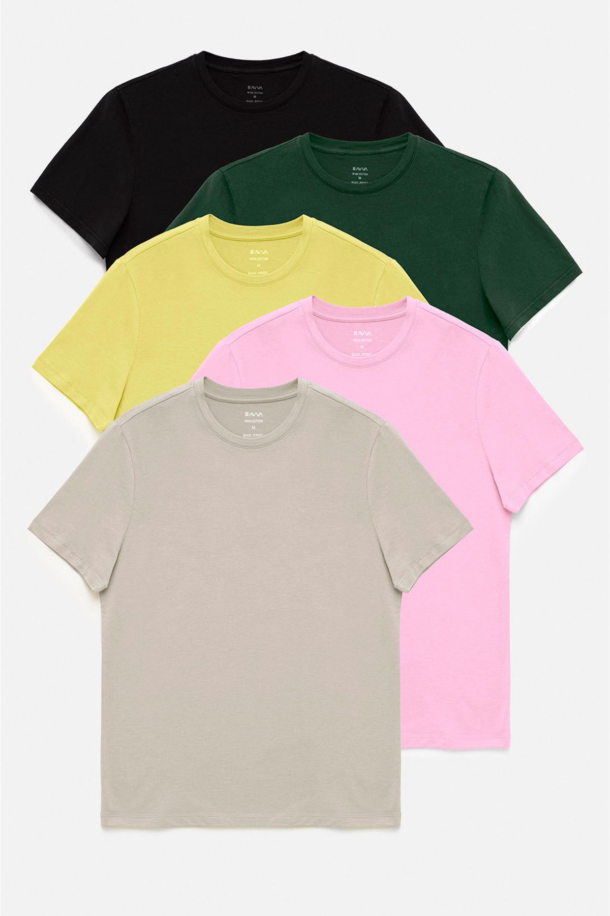 Avva Erkek Siyah-bej-sarı-açık Pembe-yeşil 5'li %100 Pamuk Bisiklet Yaka Regular Fit T-shirt E001021