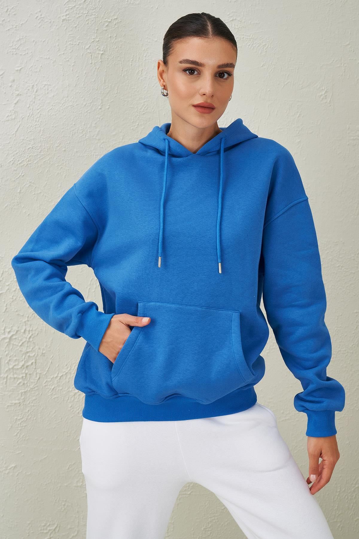 Tena Kadın Mavi Üç İplik Şardonlu Kanguru Cepli Kapüşonlu Sweatshirt