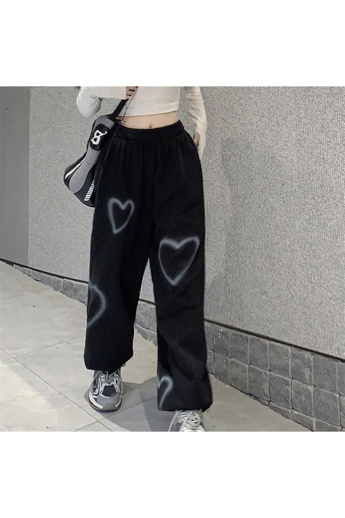 Gofeel Day Light Streetwear Harajuku Heart Desenli Oversize Unisex Siyah Eşofman Altı