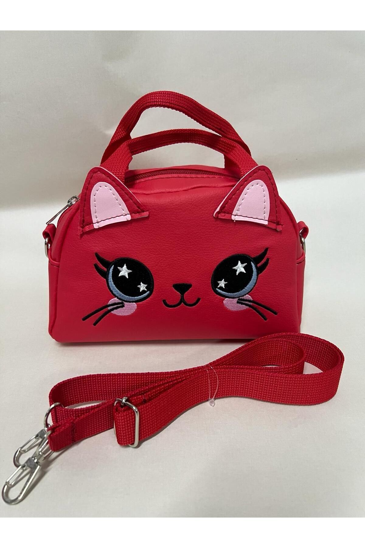 çantaevim Kedili Simli Askılı Kırmızı Çocuk Omuz Çantası