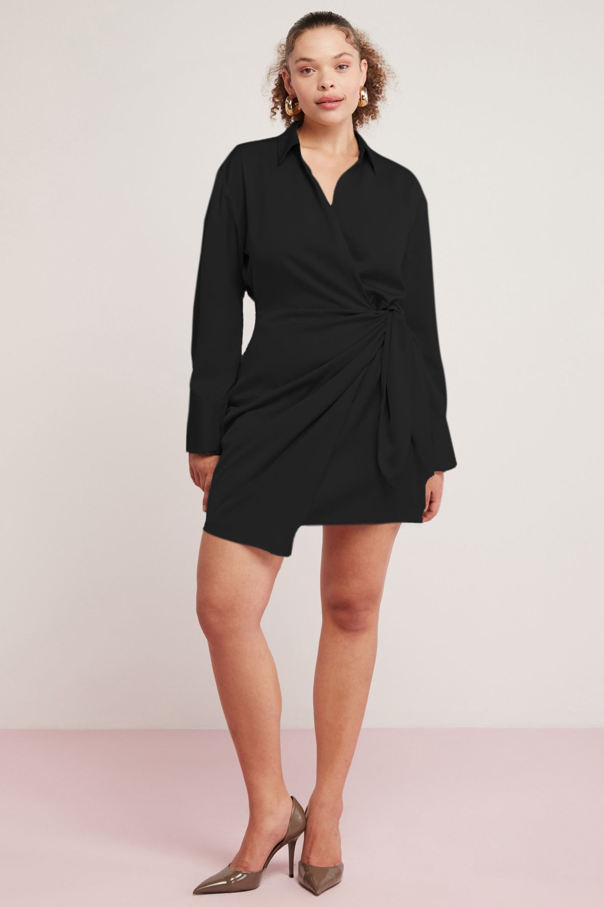 ETHIQUET Dıone Kadın Floş Viskon Saten Asimetrik Kesim Bağlamalı Kısa Siyah Büyük Beden Elbise
