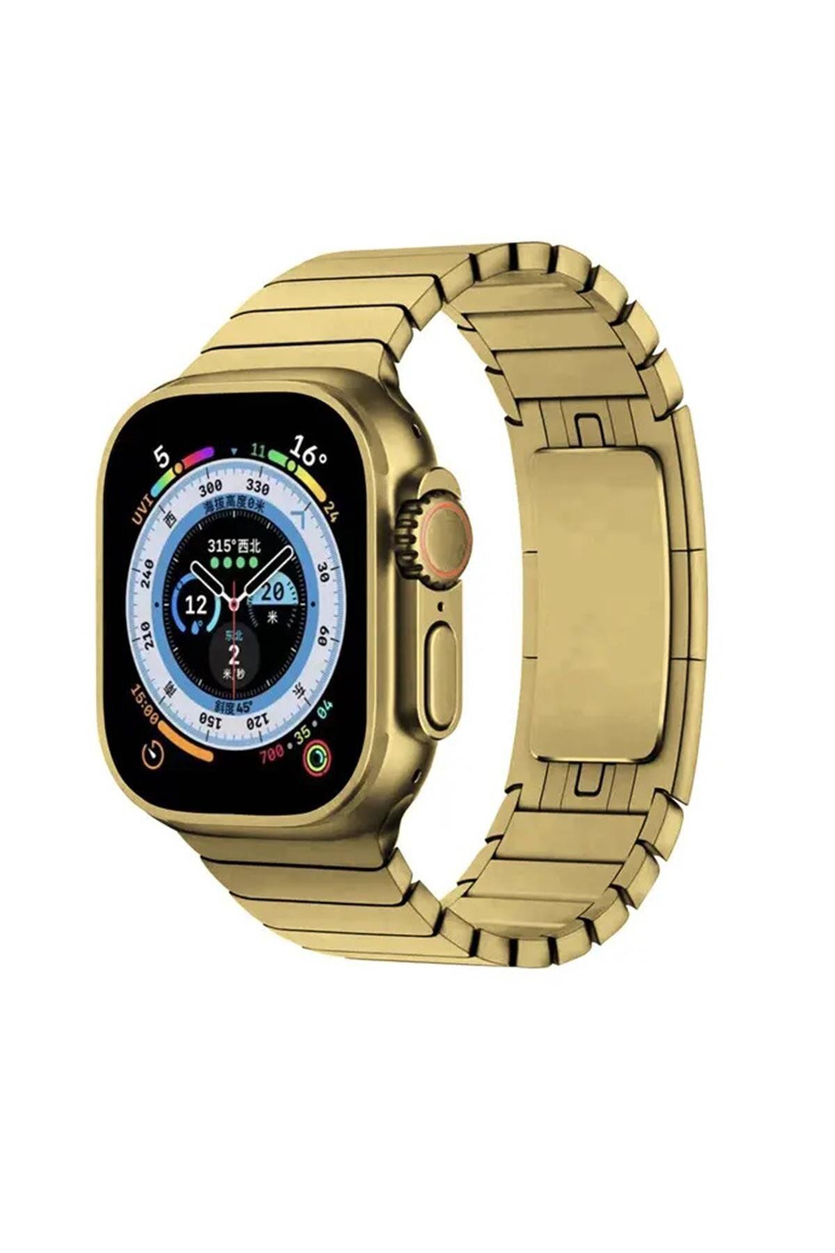 ShinyTECH Apple Watch Uyumlu Klipsli Çelik Loop Kordon (PASLANMAZ) 42,44,45,49mm Gold