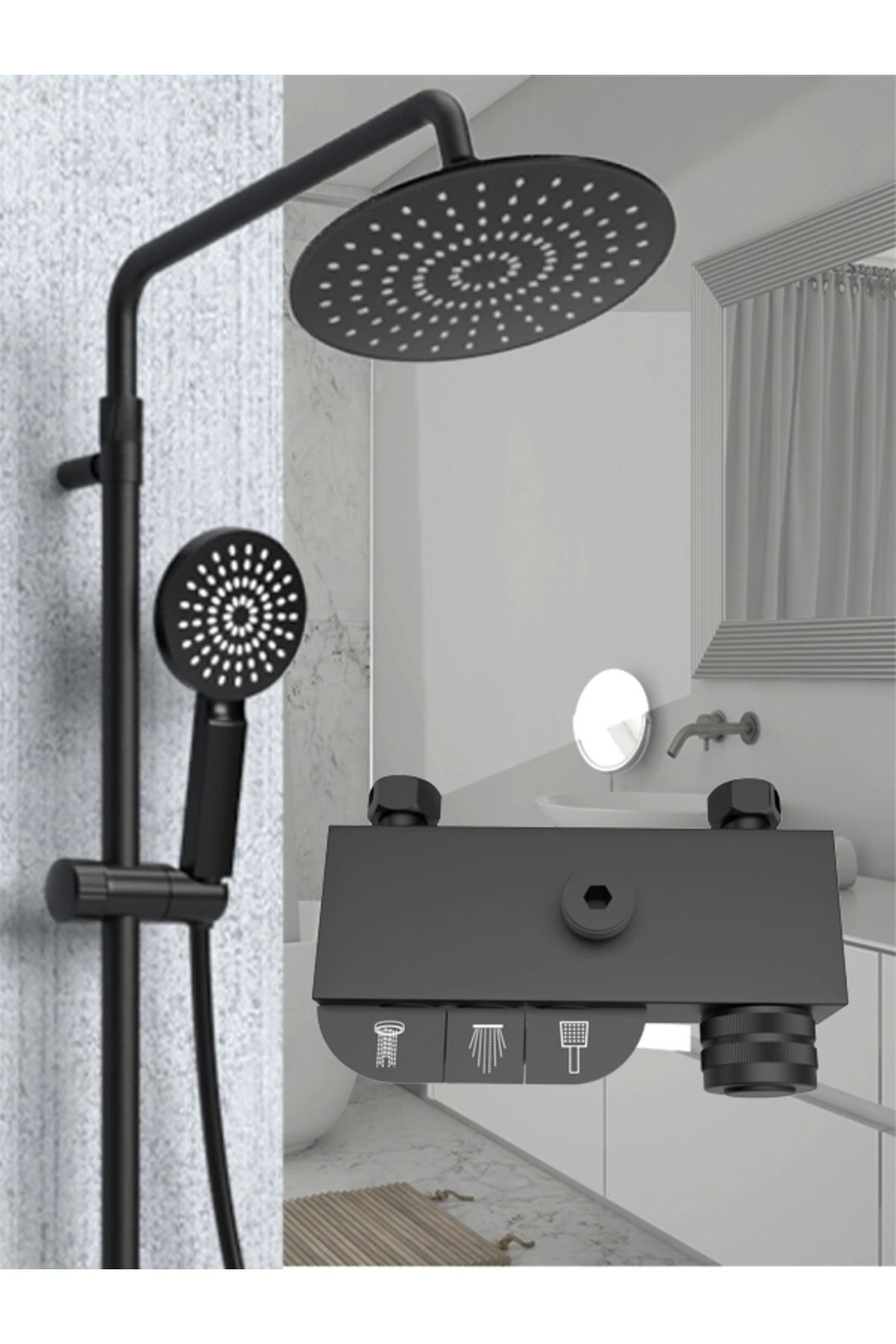 Rudi 320-b Piyano  Robot Tepe Duş Seti Yağmur Tepe Banyo 3 Tuşlu Batarya Dahil SIYAH Duş Seti