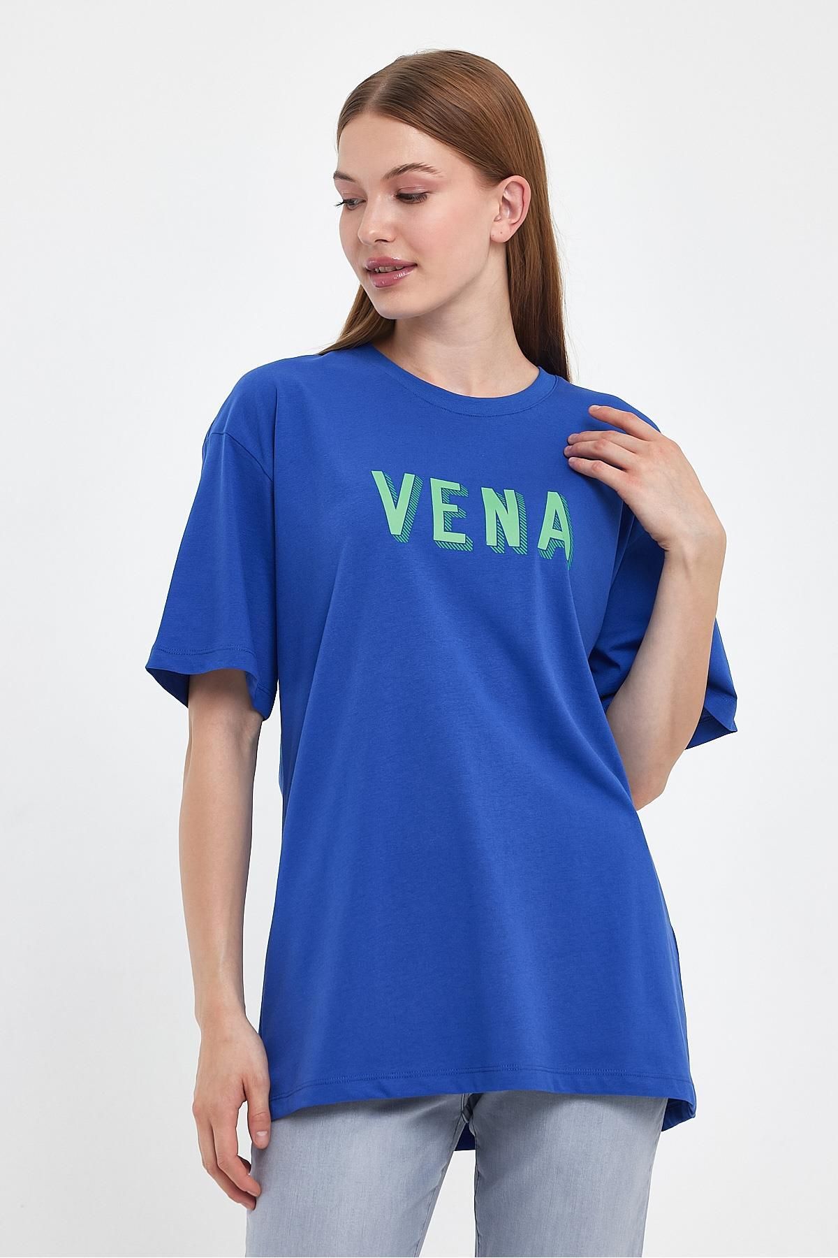 VENA Kadın Bisiklet Yaka Safir Logo Baskılı Oversize Tişört